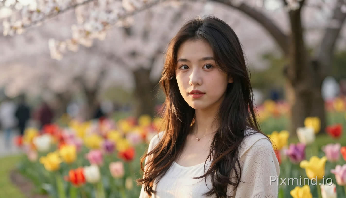 A stunning portrait of a young woman in a colorful floral garden, clearly separated from blurred cherry blossom background, professional portrait photography, golden hour lighting, shallow depth of field