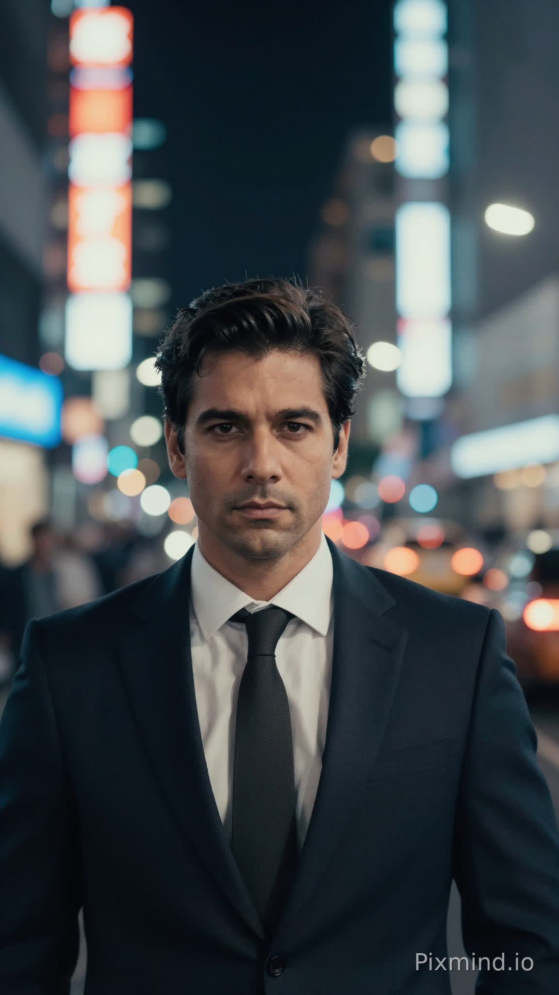 Dramatic portrait of man in business suit in front of busy city street at night, neon lights and bokeh background, cinematic color grading, shallow depth of field