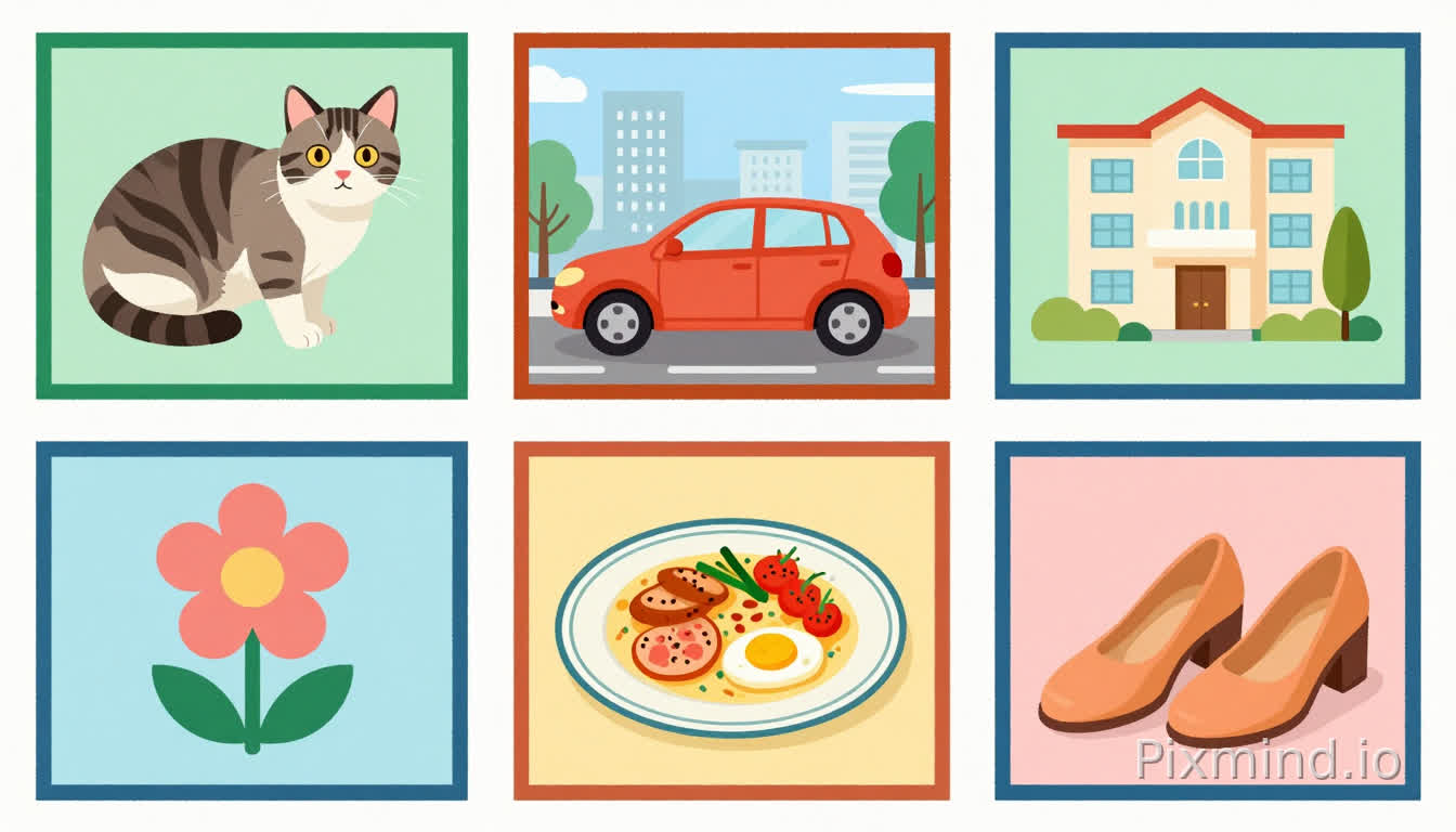 Grid of 6 diverse images in 3x2 layout: cat, car, building, flower, food plate, shoes, each in own frame with borders, digital art collage style