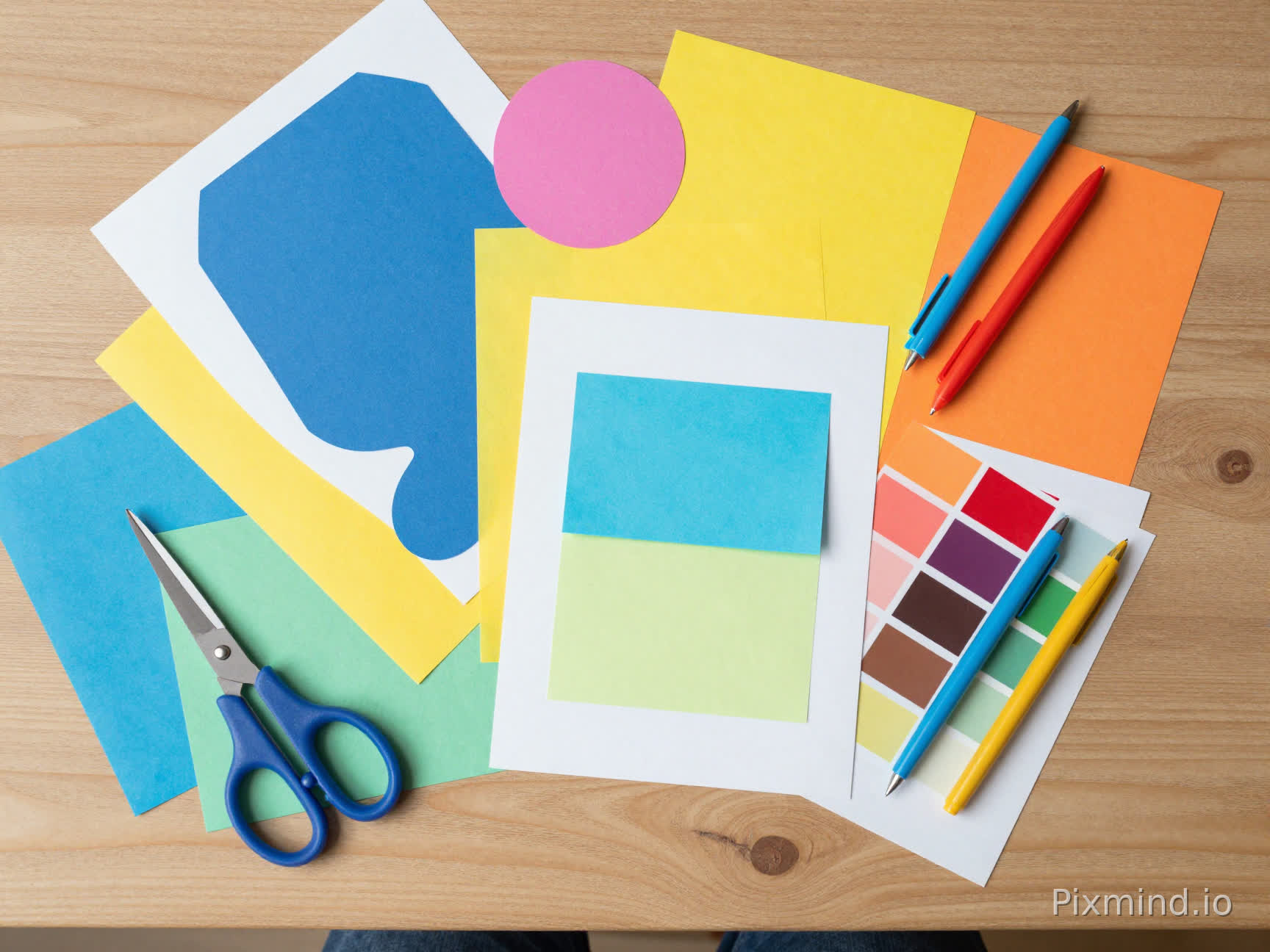 Colorful flat-lay of graphic design materials: paper shapes, scissors, pens, color swatches on wooden desk, top-down view, bright natural lighting, creative workspace