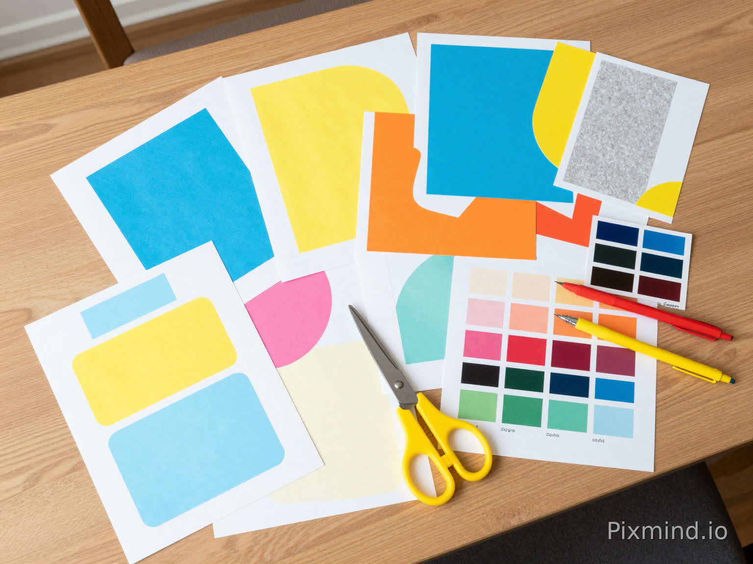A colorful flat-lay of graphic design materials - colorful paper shapes, scissors, pens, color swatches, and texture samples arranged artistically on a wooden desk, top-down view, bright natural lighting, creative workspace aesthetic