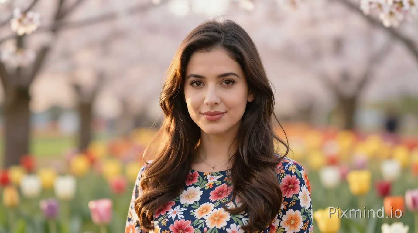 A stunning portrait of a young woman in a colorful floral garden, clearly separated subject from beautifully blurred cherry blossom background, professional portrait photography, warm golden hour lighting, shallow depth of field