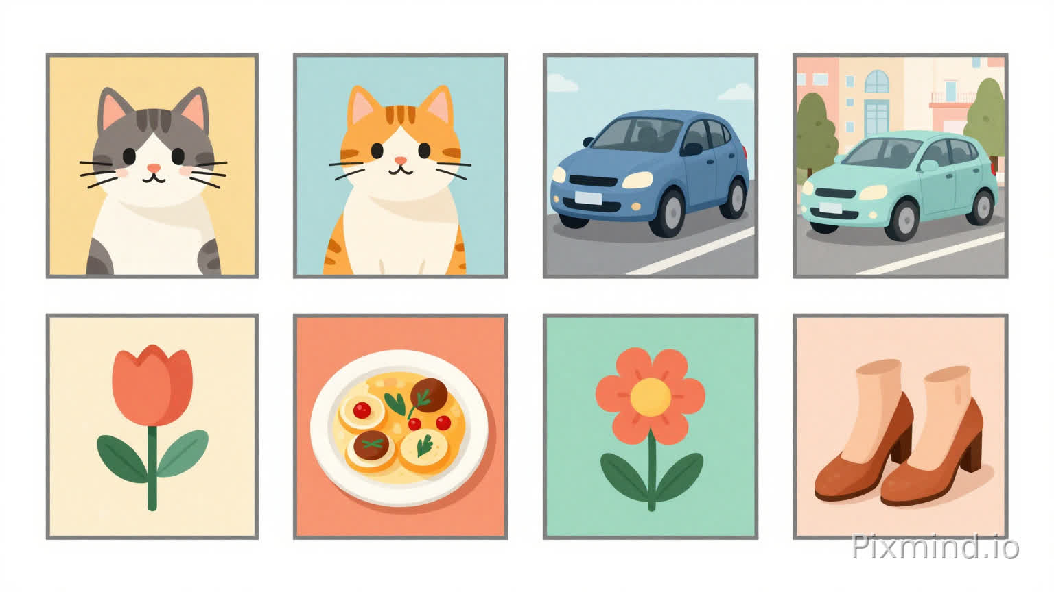 A grid of 6 diverse images arranged in a 3x2 layout showing different subjects - a cat, a car, a building, a flower, a plate of food, and a pair of shoes, each image in its own frame with clean borders, modern digital art style
