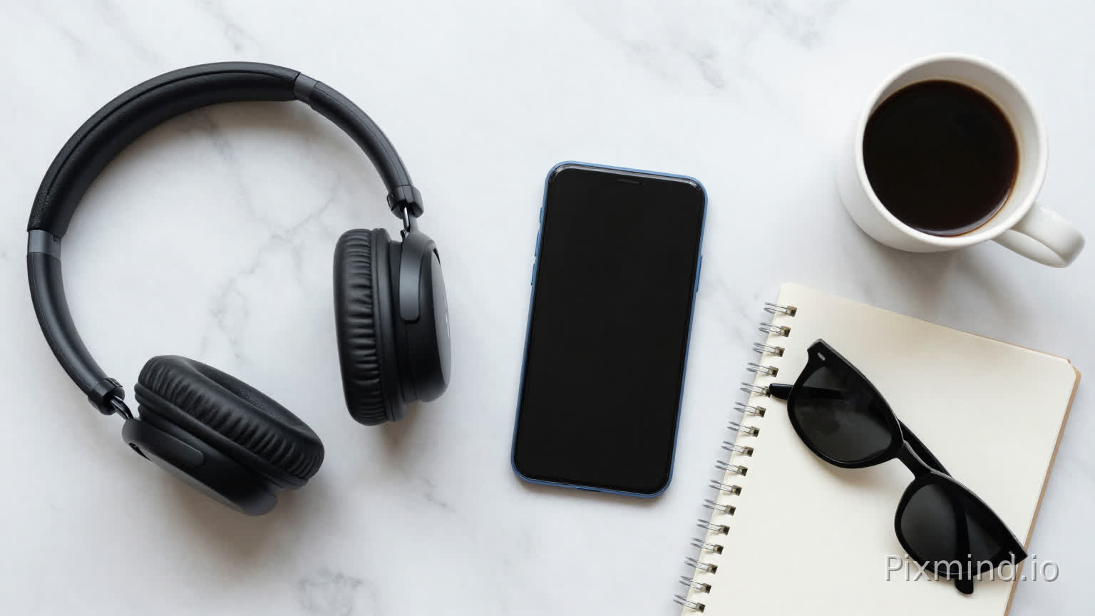 A stylish flat-lay composition on a marble surface featuring a smartphone, headphones, coffee cup, notebook, and sunglasses arranged artistically, each object clearly distinguishable, modern lifestyle product photography, overhead view, natural daylight