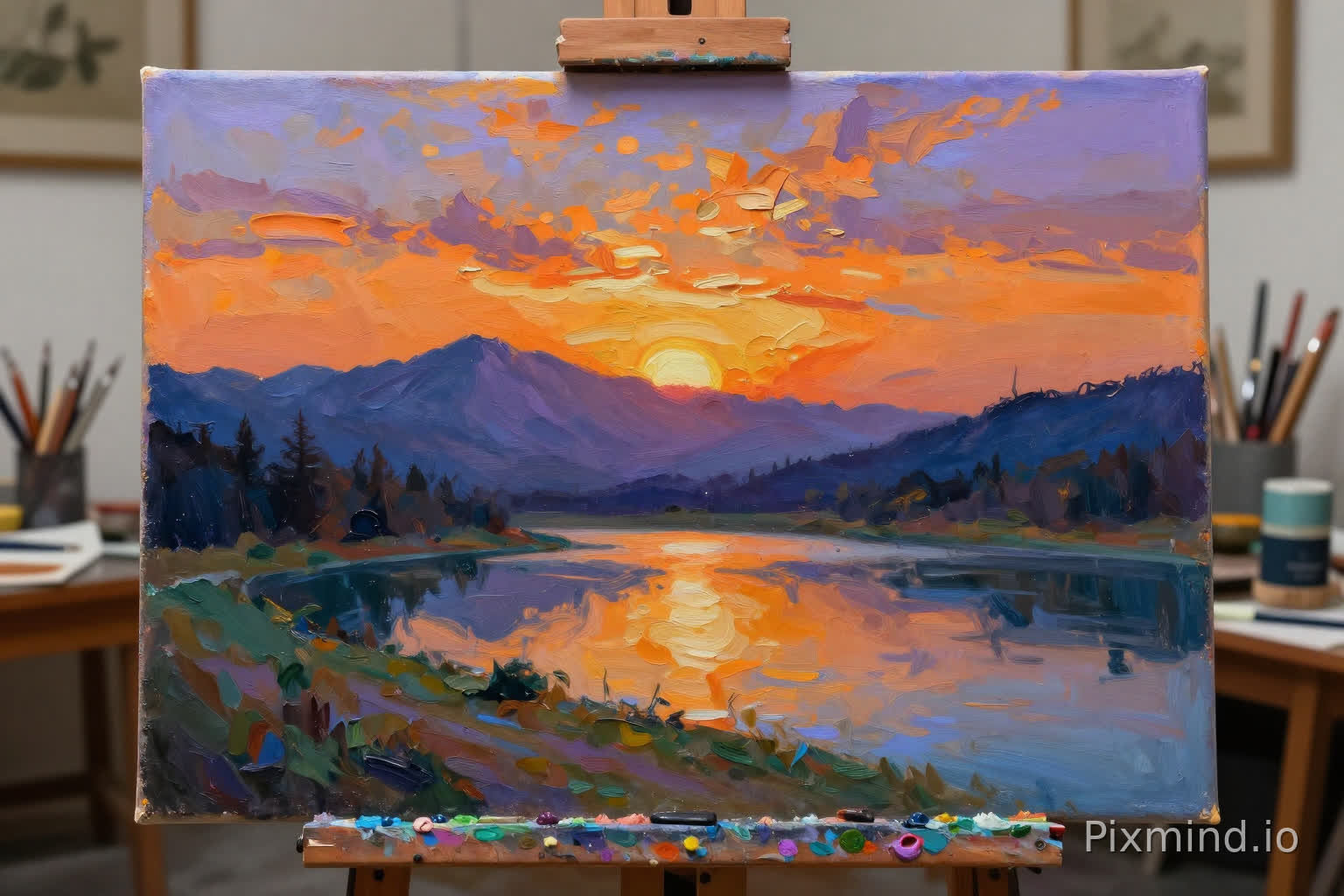 A vibrant oil painting of a sunset landscape with mountains and a lake, rich textured brushstrokes in warm oranges, purples, and blues, the painting displayed on an easel in an art studio with art supplies visible