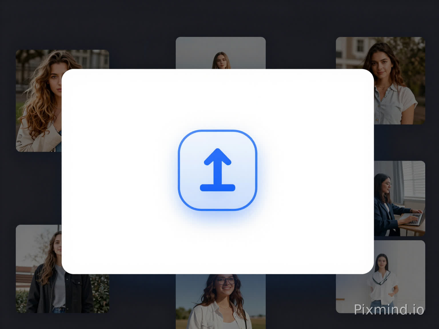 A clean modern UI mockup showing an image upload interface with a large drag-and-drop zone in the center, an upload icon, blue accent border glowing, surrounded by floating image thumbnails, modern software interface design, dark mode aesthetic