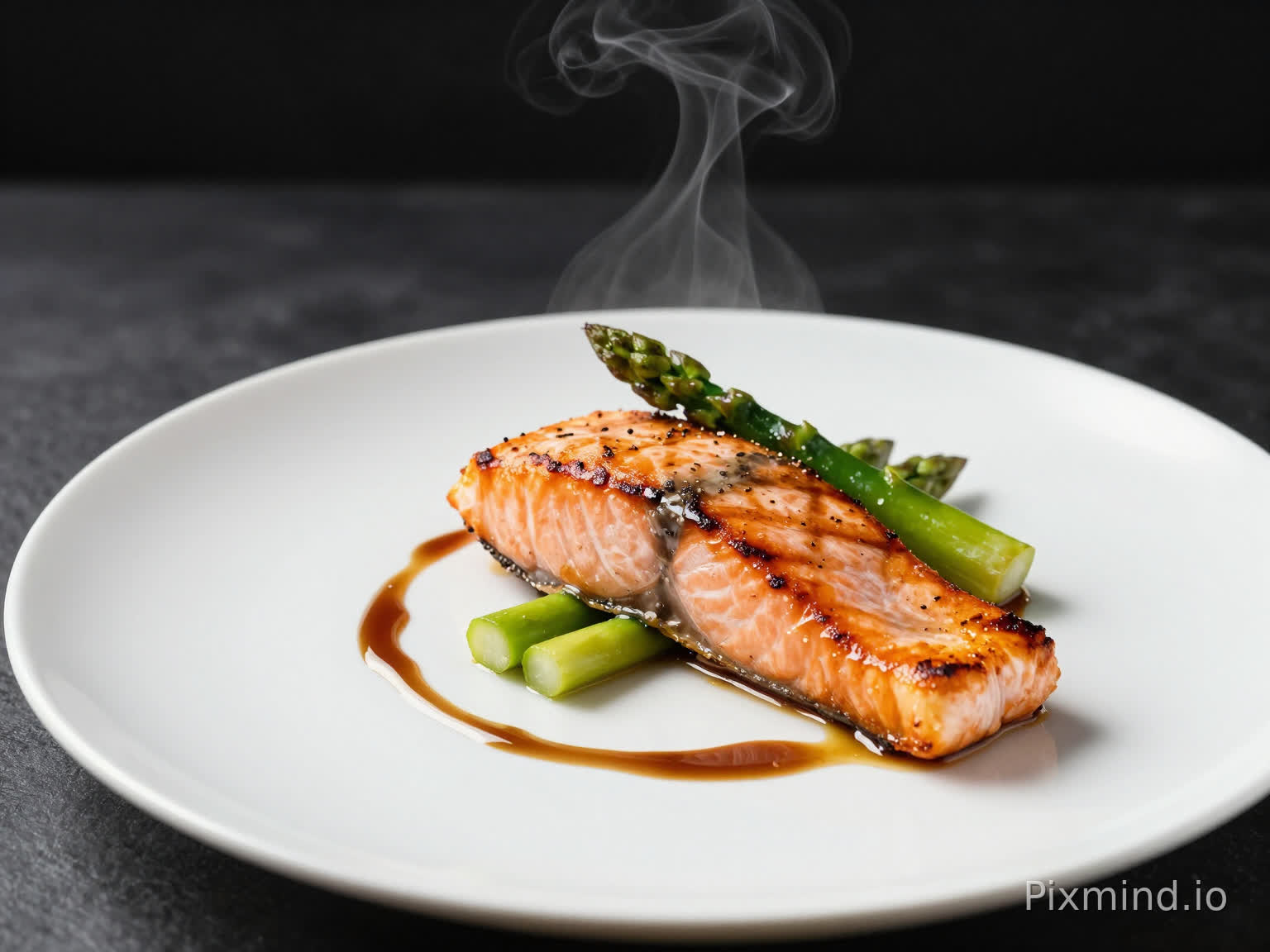 A beautifully plated gourmet dish with grilled salmon, asparagus, and sauce drizzle on a white ceramic plate, professional food photography, dark moody background with soft directional lighting, steam rising gently