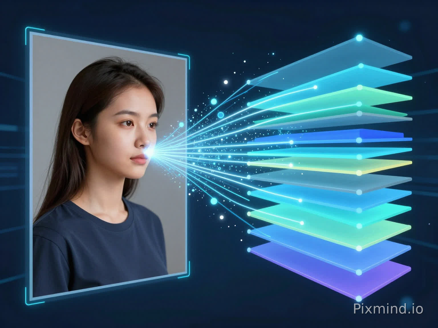 An abstract visualization of AI processing an image, showing a source photo on the left being transformed into multiple separated colorful layers on the right with glowing connection lines and particles between them, futuristic AI processing aesthetic with blue and cyan tones, digital art