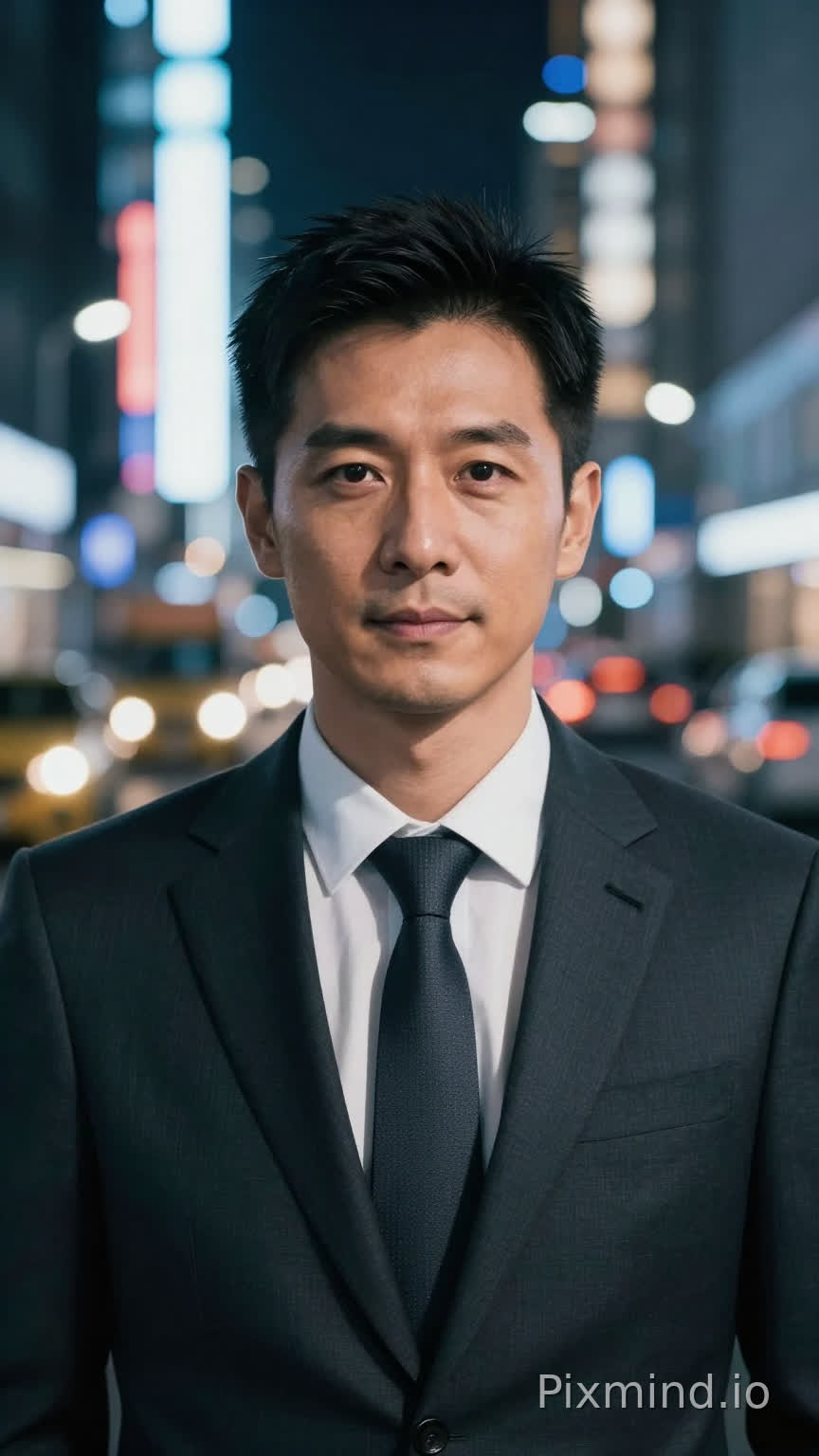 A dramatic portrait photo of a man in a business suit standing in front of a busy city street at night, neon lights and bokeh in the background, professional headshot with clear subject separation, cinematic color grading