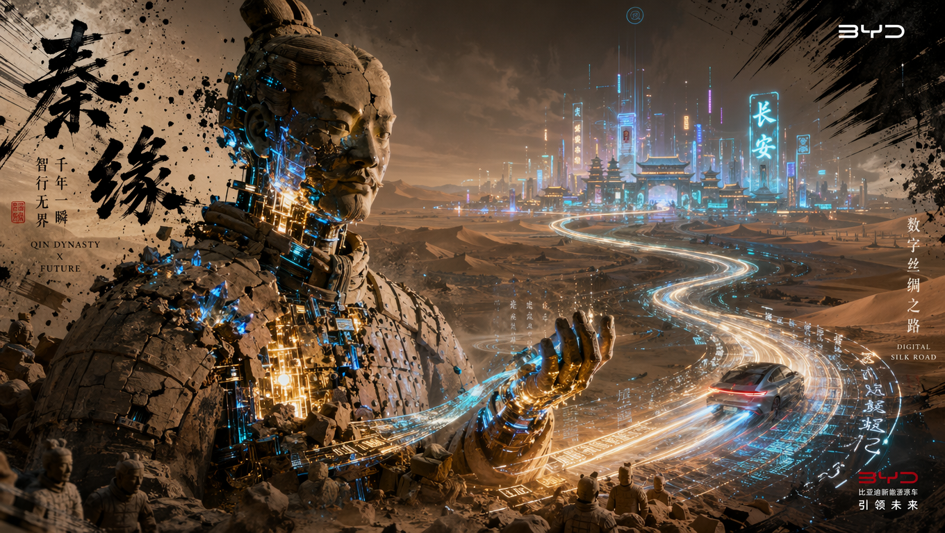 Generate a 16:9 horizontal cinematic manga-drama poster, rich in philosophical symbolism and visual tension. The main subject is a colossal, majestic Qin Dynasty Terracotta Warrior, half-buried in a vast desert. The clay material of the warrior is undergoing a surreal deconstruction: blinding blue and gold AI core light spills from cracks in the terracotta, with parts of its body transforming into complex digital crystals and glowing cyberpunk mechanical structures. A "Digital Silk Road," woven from glowing fiber optics and holographic silk, winds like a ribbon from the warrior's fingertips into the vast background. In the epic, deep background, a sleek BYD new energy vehicle appears as a highly futuristic speeding light-trail, traveling along the digital silk road towards the holographic mirage of a cyberpunk Chang'an city on the horizon. The car is not the main subject, but a dynamic, elegant clue connecting past and future. The edges of the image feature traditional Chinese ink-wash splatter effects blended with manga speed lines. Hasselblad medium format photography aesthetic, volumetric lighting, extreme contrast between warm desert tones and cool cyber-neon, Unreal Engine 5 render level of intricate detail.