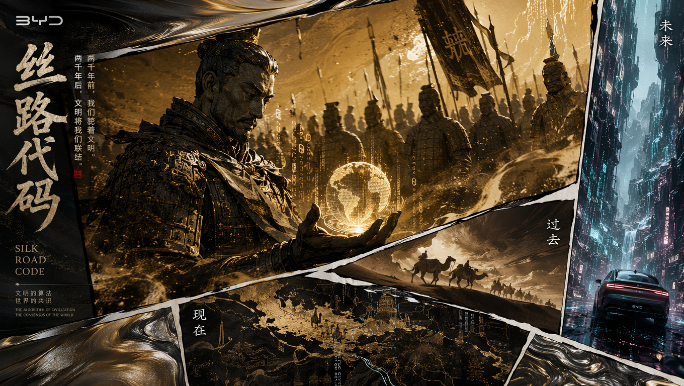 A 16:9 horizontal premium AI manga-drama concept poster, blending Neo-Oriental aesthetics with futurism. The composition utilizes a "shattered manga panel" layout that breaks the fourth wall. In the dominant, largest panel, there is an oppressive, historically weighty silhouette of a Terracotta Warrior formation. Amidst swirling yellow sand, the lead general looks down at his palm, where a miniature holographic Earth made of pure golden code floats. As the image shatters into smaller, dynamic manga panels towards the right and bottom, spacetime is folded: one small panel shows the silhouette of a camel caravan struggling against the wind on the ancient Silk Road; in another narrow panel at the edge, a BYD car silently glides through a futuristic canyon made of neon data streams, its body reflecting cold cyberpunk lights. The overall background of the poster is a fluid mixture of liquid metal and silk textures. Top-tier lighting design, strong narrative feel, sophisticated typography with breathing space, rejecting clichéd element stacking, presenting a profound, epic cinematic quality.