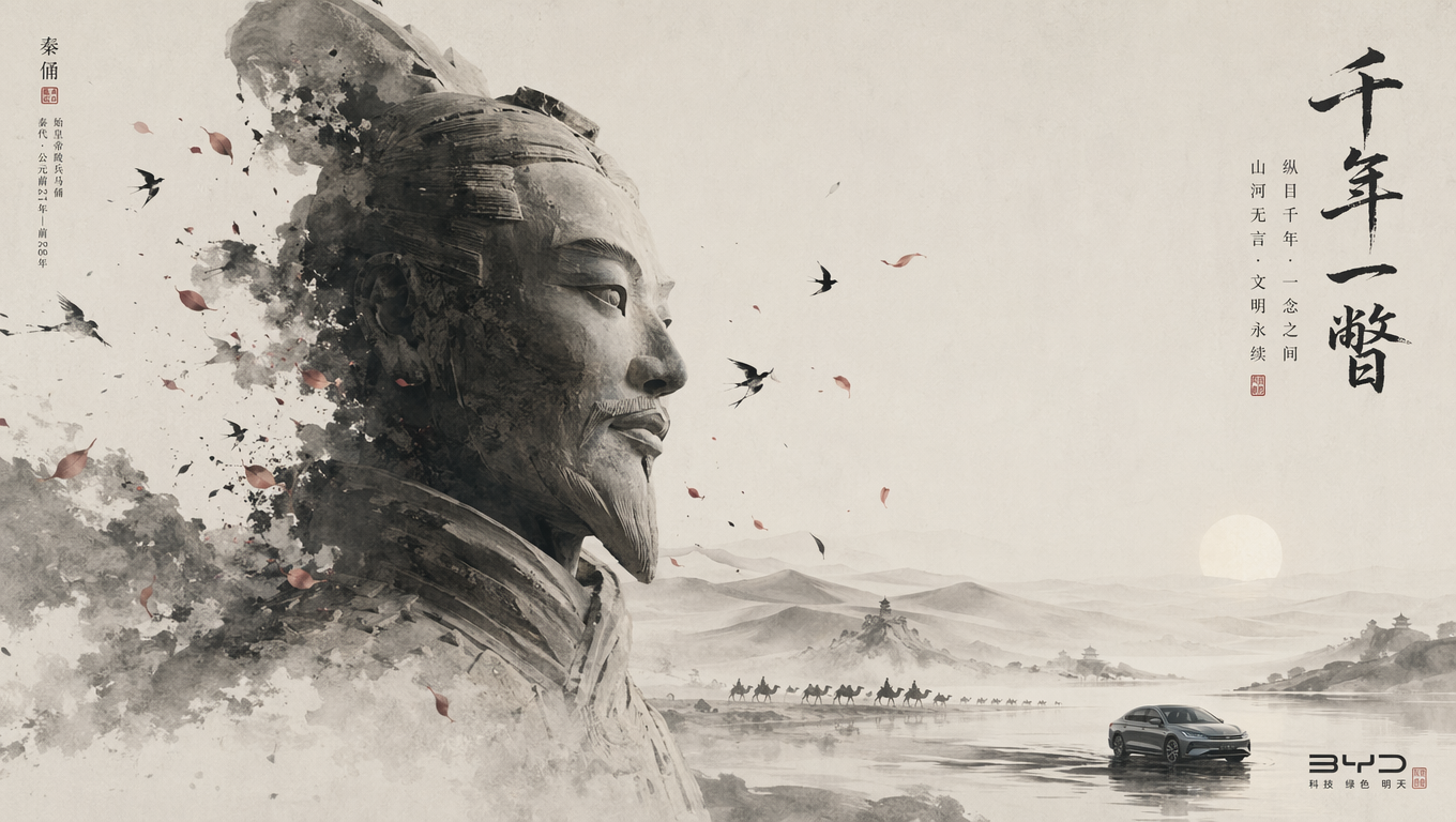Generate a 16:9 horizontal concept poster featuring Eastern classical aesthetics. The composition utilizes the "negative space" (Liu Bai) and "freehand brushwork" (Xie Yi) techniques of traditional Chinese ink-wash painting, combined with modern cinematic lighting. The main subject is a close-up profile of a Qin Dynasty Terracotta Warrior. His gaze is profound and compassionate. The edges of the terracotta are not rigidly defined but gently dissolve into ink-wash birds and petals scattering in the wind, expressing the Chinese romance and philosophical concept of "a thousand years in a single glance." In the vast negative space of the background, undulating sand dunes and the faint silhouettes of a camel caravan on the Silk Road are rendered with light ink washes. In the lower right corner, a BYD car appears in a highly restrained, poetic manner—lacking harsh mechanical industrial feel, it resembles a solitary boat navigating the ink-wash river of space and time, its body reflecting a soft moonlight or morning glow. The overall color palette is sophisticated monochromatic ink and ash, accented with very restrained touches of cinnabar red or azurite blue. The edges feature a highly breathable layout space for classical typography.