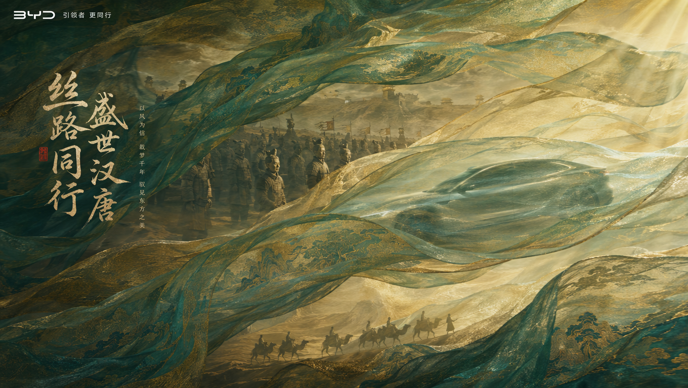 A 16:9 horizontal manga-drama poster brimming with Chinese classical romanticism. Discarding traditional cyberpunk lighting, the image adopts the color palette of traditional Chinese "Cyan-Green Landscape" paintings (azurite, malachite, ochre). The main visual element is a massive, ethereal, semi-transparent ribbon of silk that sweeps across the entire composition like flowing clouds dancing in a long wind. The texture of the silk is rendered to the extreme, exuding a pearlescent luster. Through this flowing silk, history and modernity romantically overlap: beneath the silk (in the background), a formation of Terracotta Warriors standing in the wind and sand, and a slowly moving camel caravan are faintly visible, like an ancient dream. On the surface of the silk (in the foreground), the elegant silhouette of a BYD car is cast by soft sunlight, as if it is a modern envoy safely escorted by the winds of the Silk Road. The scene contains no electronic screens or digital code; it relies entirely on the intricate texture of the silk, classical mineral pigments, and cinematic Tyndall effect (god rays) to construct a dialogue across spacetime. Visually poetic and epic.