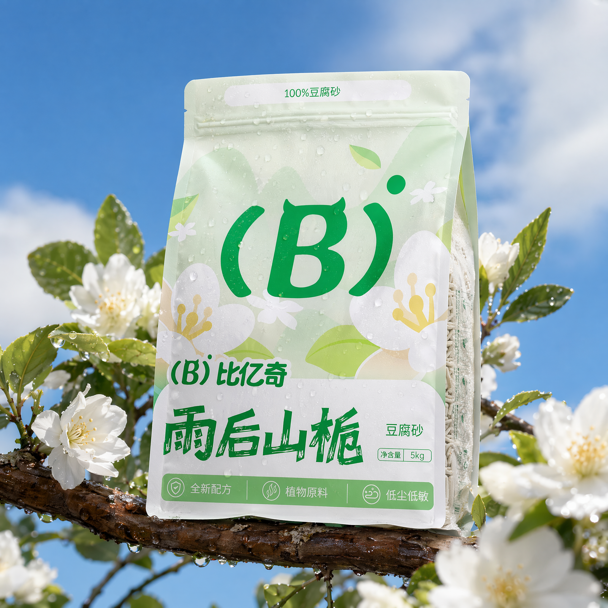 背景雨后干净的蓝天,若隐若现的白云,白色栀子花树枝横着伸出来,上面放着我给的包装,包装是主体在画面中间的树枝上,包装上的图案和字迹清晰可见,有少量水珠滴落在包装上,包装质感很强,里面装的是豆腐猫砂,能看到一点痕迹,高清真实摄影。