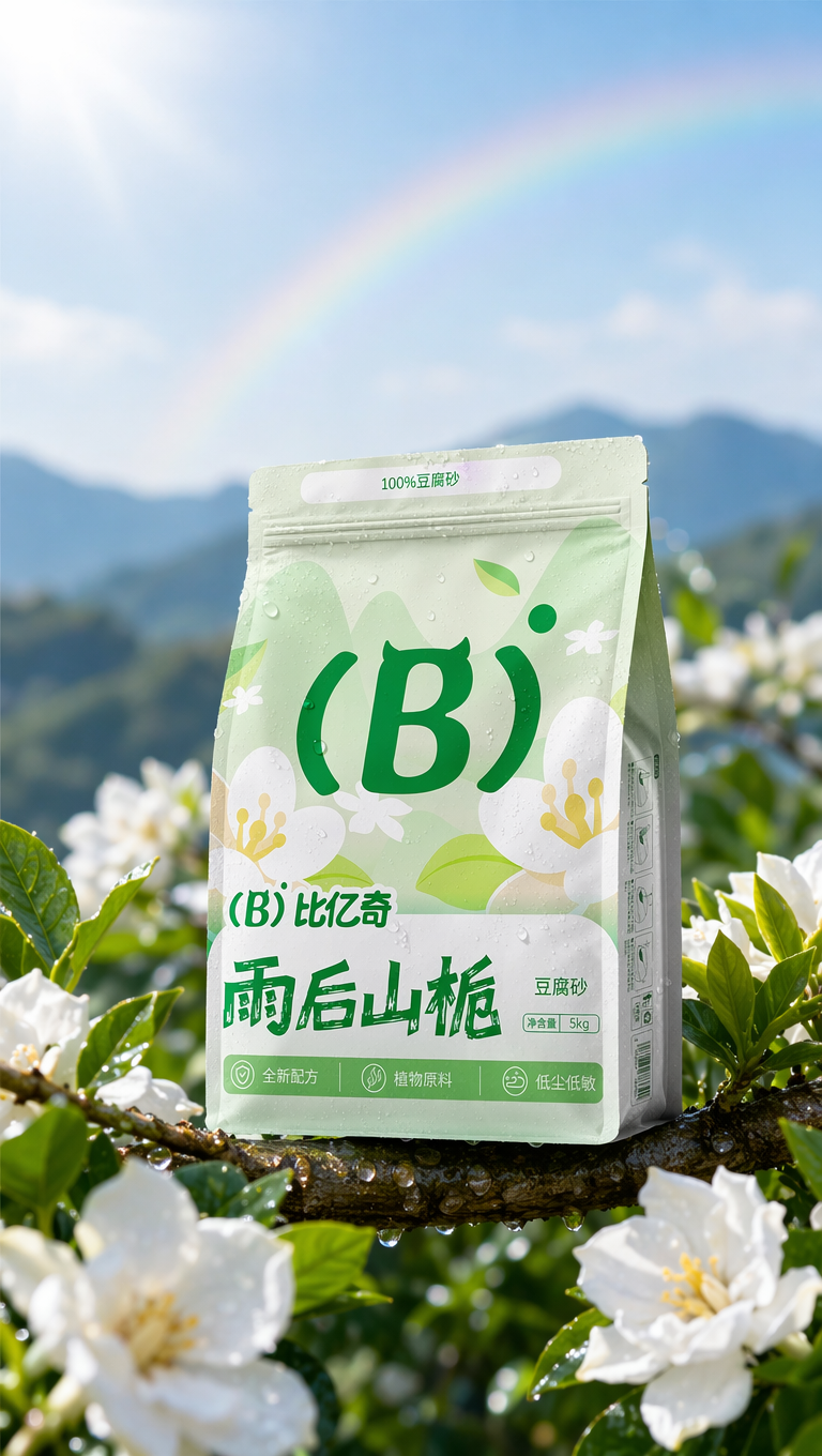 太阳雨后的蓝天,有一道淡淡的彩虹,左上是光源,远处是模糊的山脉,近处是白色栀子花树枝横着伸出来,上面放着我给的包装,不要改变我的包装的透视和角度,包装是主体在画面中间的树枝上,包装上的图案和字迹清晰可见,有一点点水珠滴落在包装上,包装质感很强,整体干净明亮对比强,光影真实,高清真实摄影。