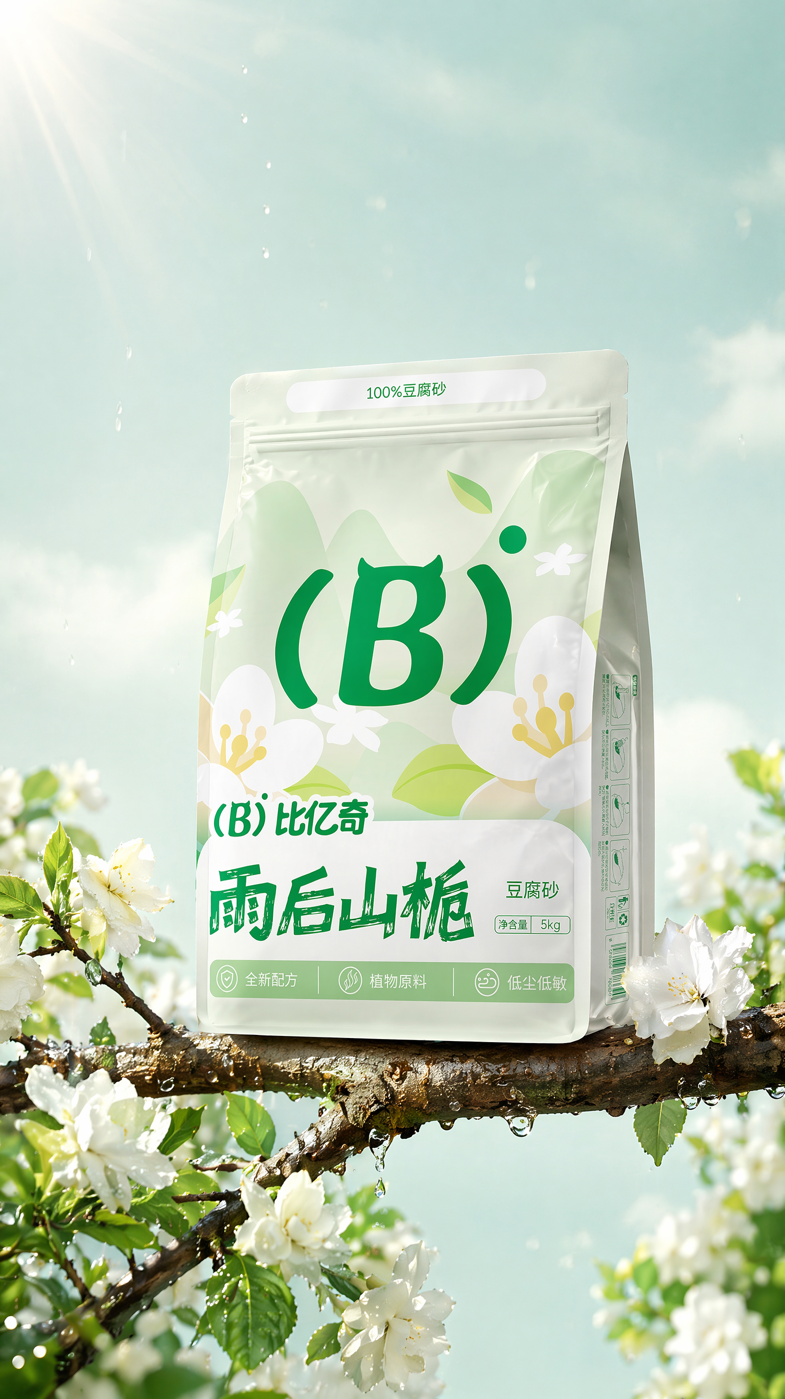 把图1上的文字和图标都去除掉,包装换成图2的,图2包装上文字保留,左上加点光源,光影真实,下面的花变成白色的栀子花,树枝形状稍微变化一下,整体是太阳雨雨后清爽的画面,背景天空颜色加一点点绿不要这么蓝。