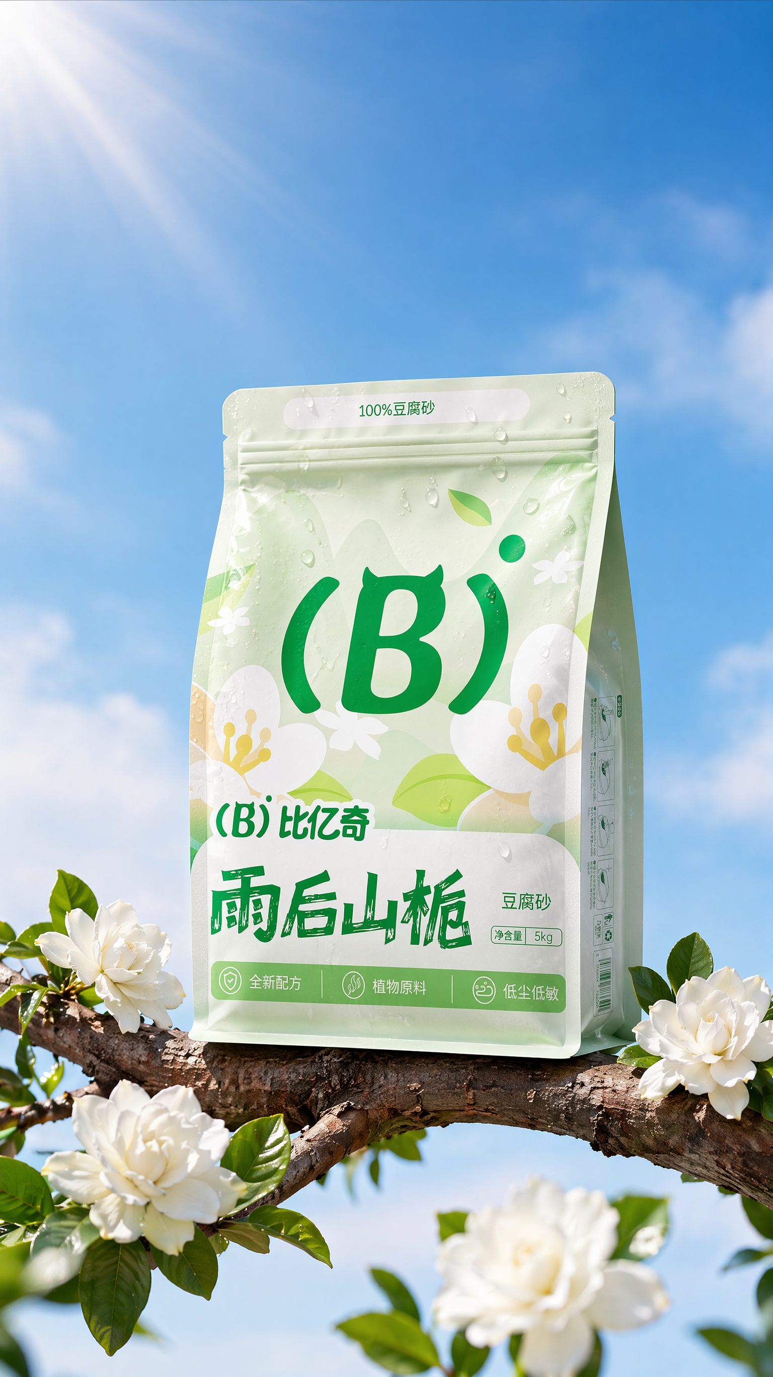 把图1上的文字和图标都去除掉,包装换成图2的,图2包装上文字保留,左上加点光源,光影真实,对比强烈,包装上面加点低落的水珠,不要加太多,下面的花变成白色的栀子花,树枝形状稍微变化一下,背景蓝色稍微变一下