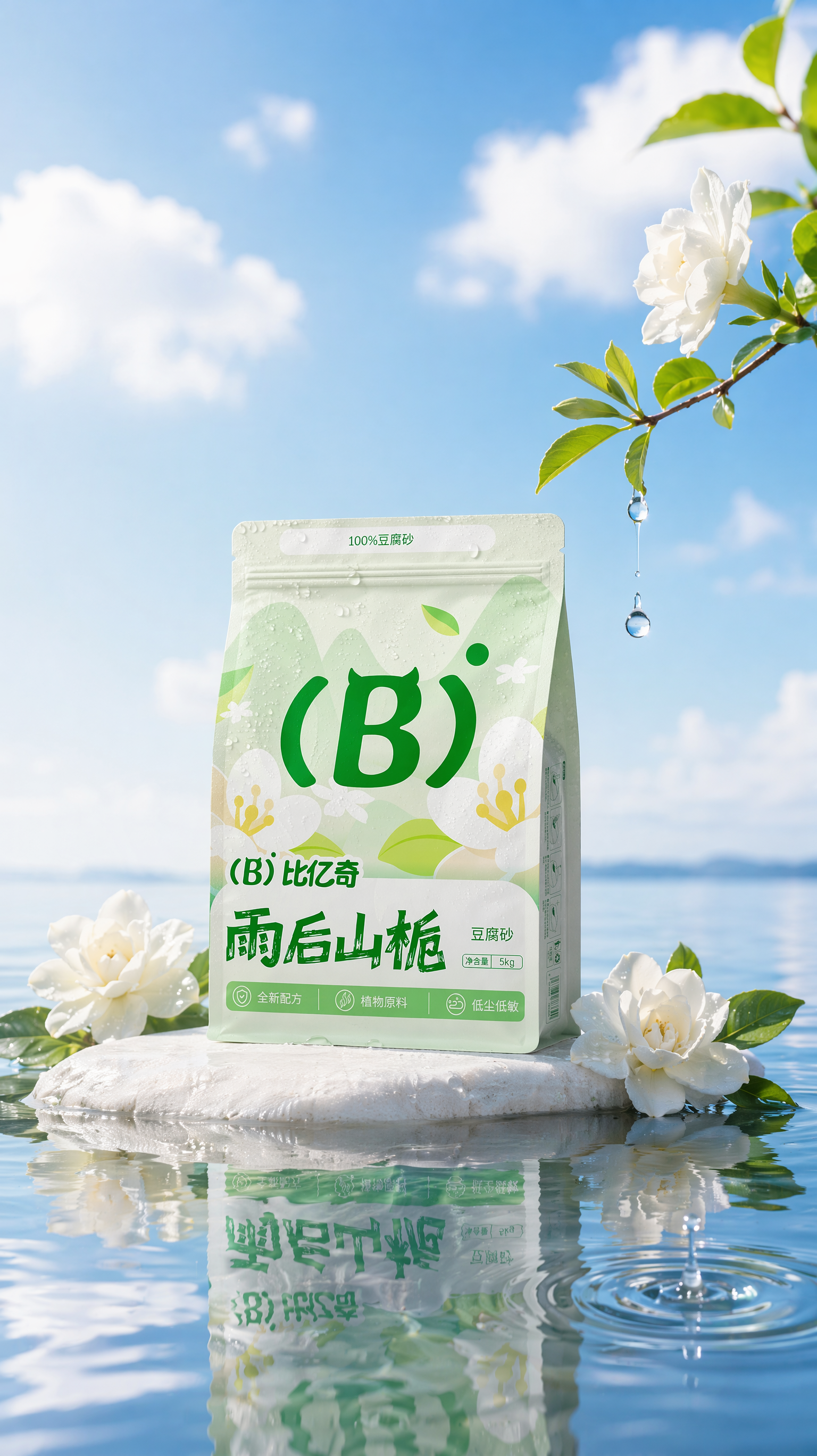 背景晴朗的蓝天,下面是干净的水面,水面一个白色的石头,包装放在石头上,包装不要太大,包装上面加一点点水珠,不要加太多,包装两边随机长了几朵小的白色栀子花,画面右边天空漏出一小根栀子子花树枝,水面有真实倒影,一颗水滴从树枝上滴落在水面上,泛起涟漪,画面通透明亮,光线柔和真实。