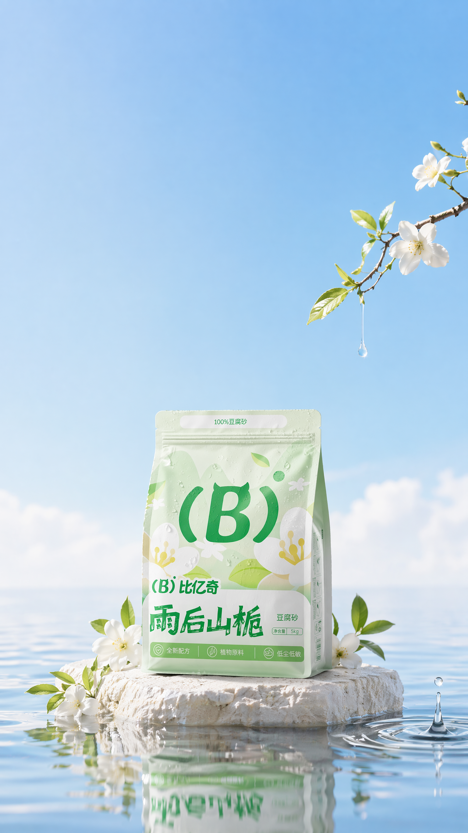 背景是干净的蓝天,只有下面有少量淡淡的云,下面是干净的水面,水面一个白色的石头,包装放在石头上,包装不要太大,包装稍微变鼓一点点,包装上面加一点点水珠,水珠不要加太多,包装和石头整体偏画面下位置,包装两边随机长了几朵小的白色栀子花和小树枝,画面右边天空漏出一根细小的长了几朵小白色栀子花的树枝,一颗水滴从树枝上滴落在水面上,泛起涟漪,水面有真实倒影,画面通透明亮,光影真实柔和,高清商业产品摄影。