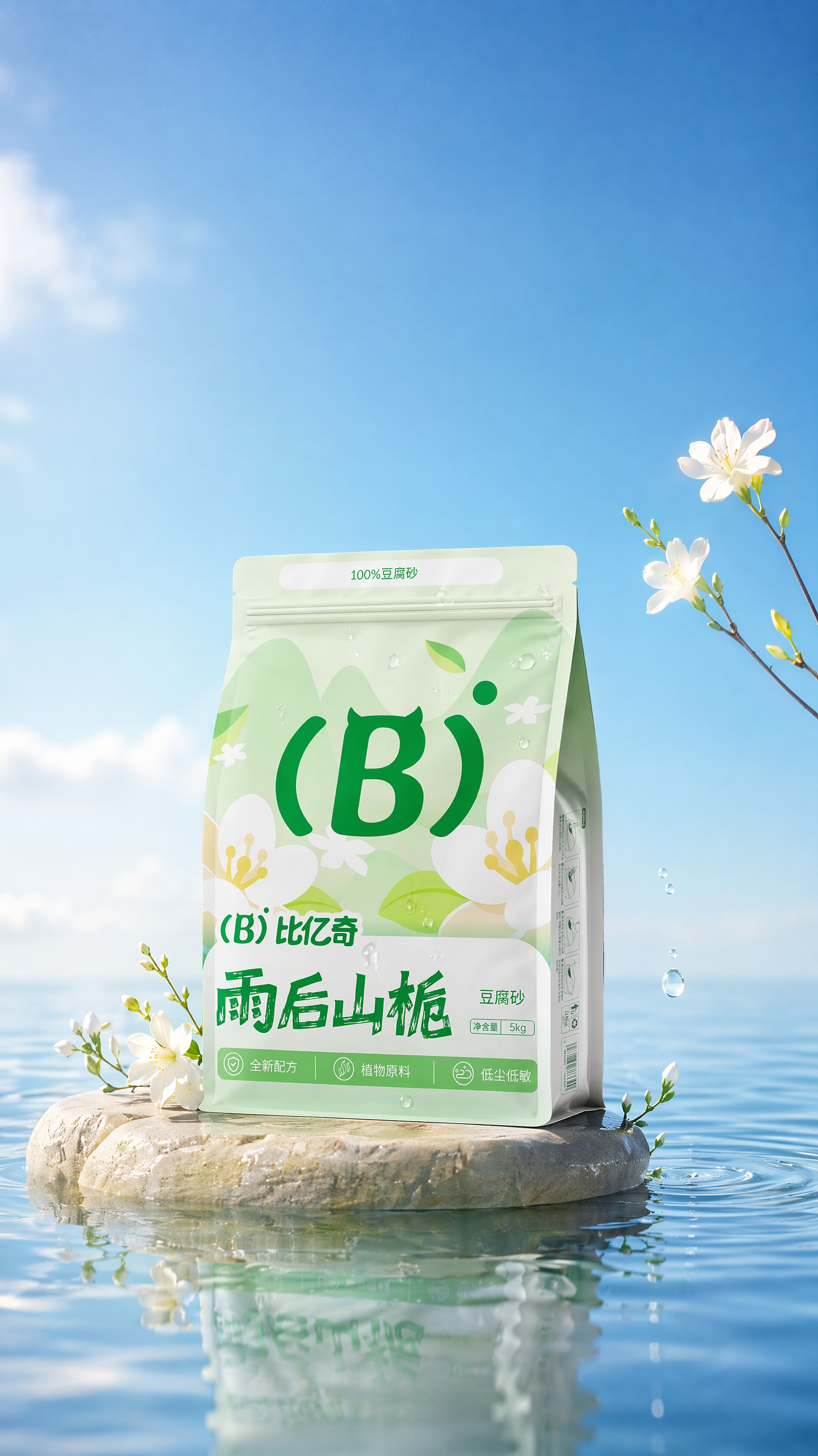 背景是干净的宝蓝色天空,只有一点点淡淡的云,下面是干净的水面,水面一个浅色石头,包装放在石头上,不要改变我的包装透视和角度,包装不要太大,包装稍微变鼓一点点,包装上面加一点点水珠,水珠不要加太多,包装和石头整体偏画面下位置,包装两边随机长了一些小的白色栀子花和还有伸展出来的细小树枝,画面右边天空漏出一根细小的长了几朵小白色栀子花的树枝,一颗水滴从树枝上滴落在水面上,泛起涟漪,水面有真实倒影,画面通透明亮,光影真实,包装盒背景对比强烈,柔焦摄影,高清商业产品摄影。