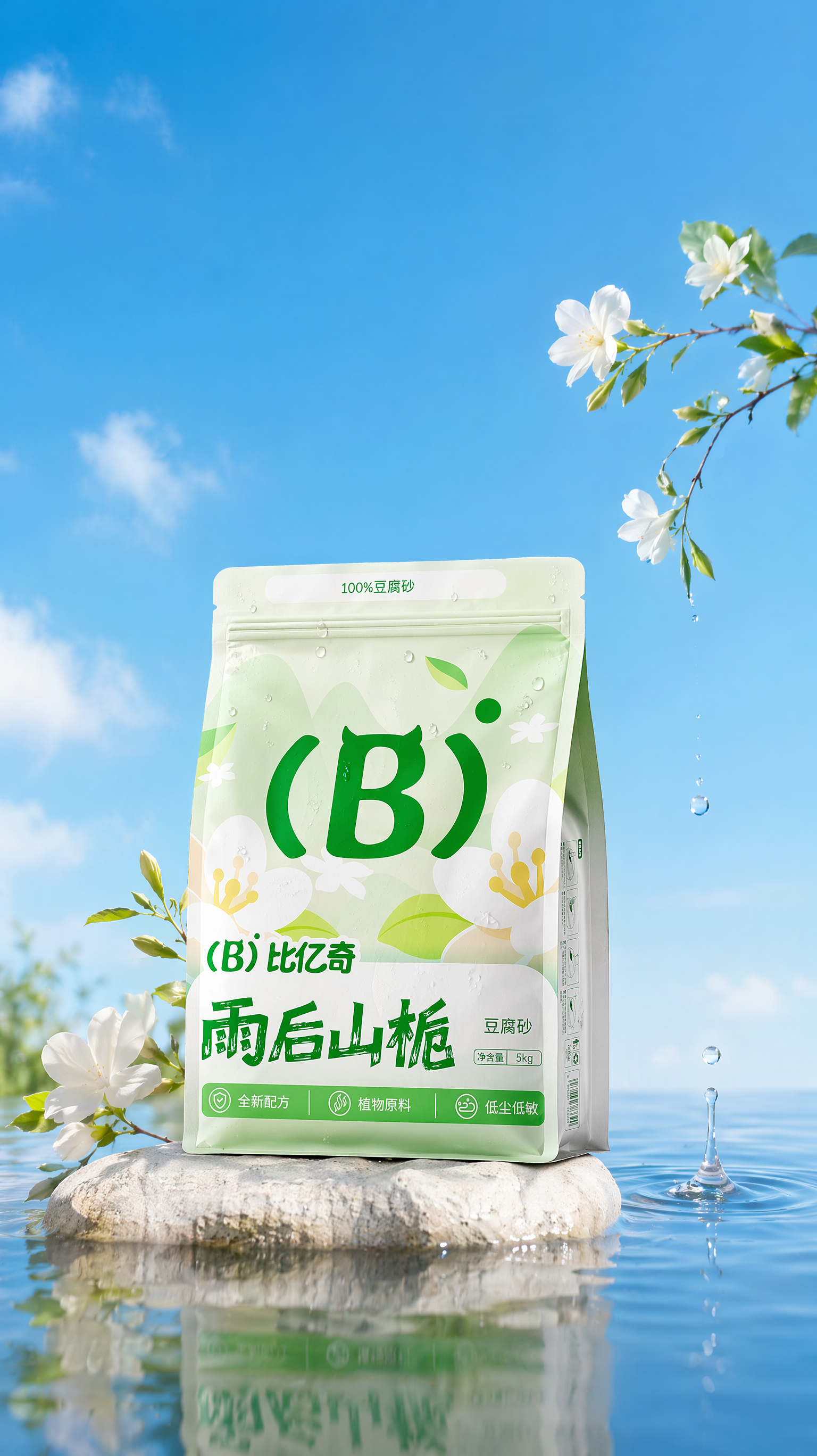 背景是干净的宝蓝色天空,只有一点点淡淡的云,下面是干净的水面,水面一个浅色石头,包装放在石头上,包装透视角度保持不变,包装不要太大,包装稍微变鼓一点点,包装上面加一点点水珠,水珠不要加太多,包装和石头整体偏画面下位置,包装两边随机长了一些小的白色栀子花和还有伸展出来的细小树枝,画面右边天空漏出一根细小的长了几朵小白色栀子花的树枝,一颗水滴从树枝上滴落在水面上,泛起涟漪,水面有真实倒影,画面通透明亮,光影真实,包装盒背景对比强烈,柔焦摄影,高清商业产品摄影。
