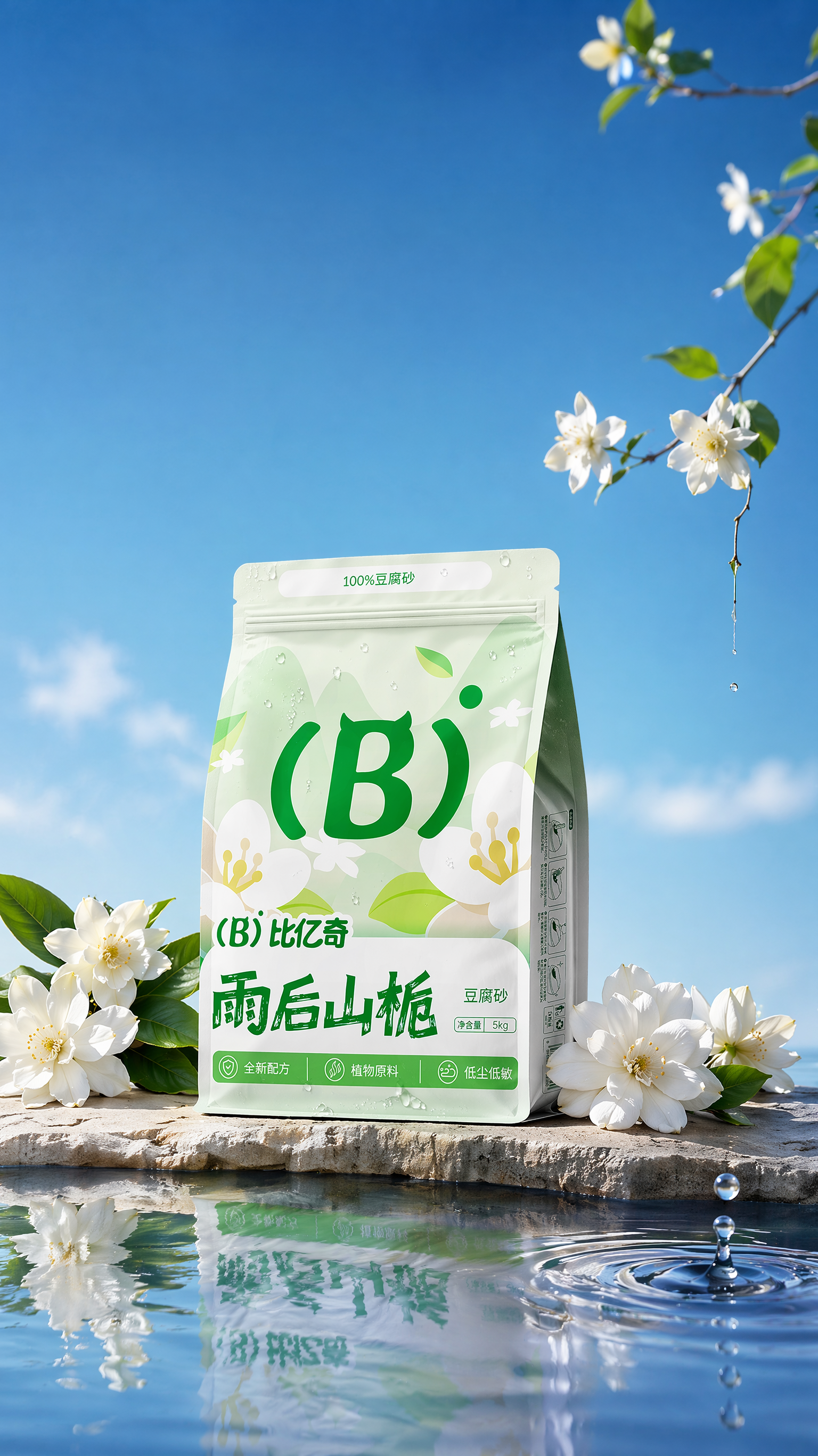 背景是干净的深蓝色天空,只有一点点淡淡的云,下面是干净的水面,水面横着一个长长的浅色石头,包装放在石头上,包装透视角度保持不变,包装不要太大,包装稍微变鼓一点点,包装上面加一点点水珠,水珠不要加太多,包装和石头整体偏画面下位置,包装左右两边长了一些白色的栀子花,画面右边天空漏出一根细小的长了几朵小白色栀子花的树枝,一颗水滴从树枝上滴落在水面上,泛起涟漪,水面有真实倒影,画面通透明亮,光影真实,包装盒背景对比强烈,柔焦摄影,高清商业产品摄影。