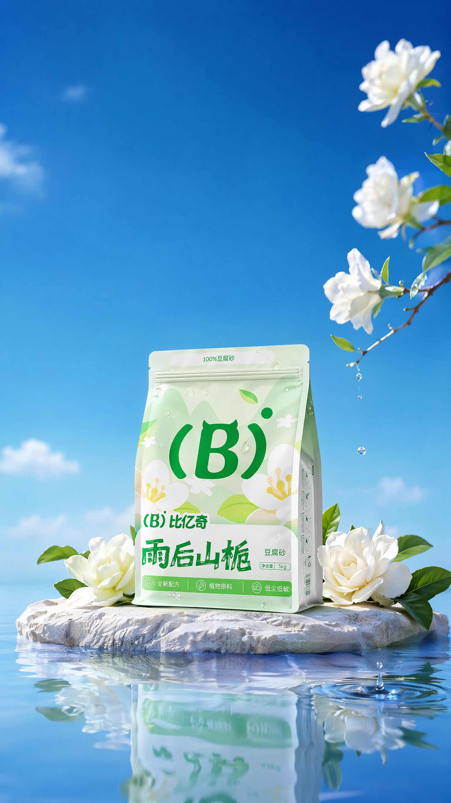 背景是干净的深蓝色天空,只有一点点淡淡的云,下面是干净的水面,水面横着一个长长的白色石头,包装放在石头上,包装透视角度保持不变,包装不要太大,包装稍微变鼓一点点,包装上面加一点点水珠,水珠不要加太多,包装和石头整体偏画面下位置,包装左右两边长了一些白色的栀子花,画面右边天空漏出一根细小的长了几朵小白色栀子花的树枝,一颗水滴从树枝上滴落在水面上,泛起涟漪,水面有真实倒影,画面通透明亮,光影真实,包装盒背景对比强烈,柔焦摄影,高清商业产品摄影。