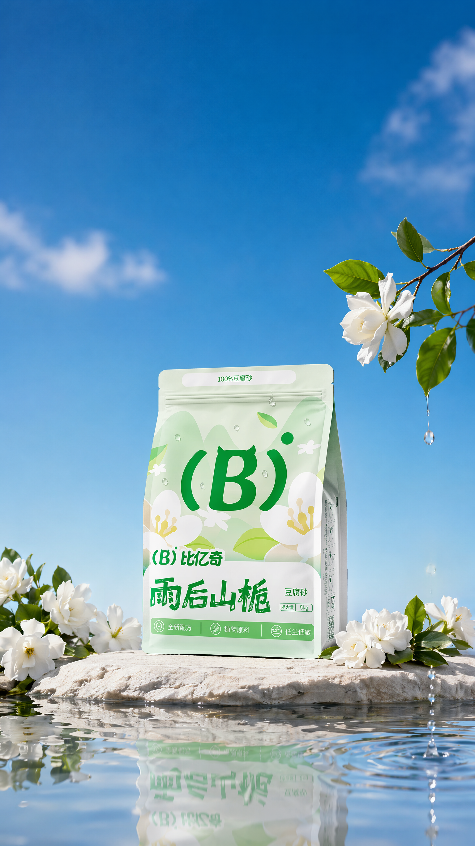 背景是干净的深蓝色天空,只有一点点淡淡的云,下面是干净的水面,水面横着一个长长的白色石头,包装放在石头上,包装透视角度保持不变,包装不要太大,包装稍微变鼓一点点,包装上面加一点点水珠,水珠不要加太多,包装和石头整体偏画面下位置,包装左右两边长了很多一些小的白色栀子花,栀子花摆放得不能太生硬,画面右边天空漏出一根细小的小白色栀子花的树枝,一颗水滴从树枝上滴落在水面上,泛起涟漪,水面有真实倒影,画面通透明亮,光影真实,包装盒背景对比强烈,柔焦摄影,高清商业产品摄影。