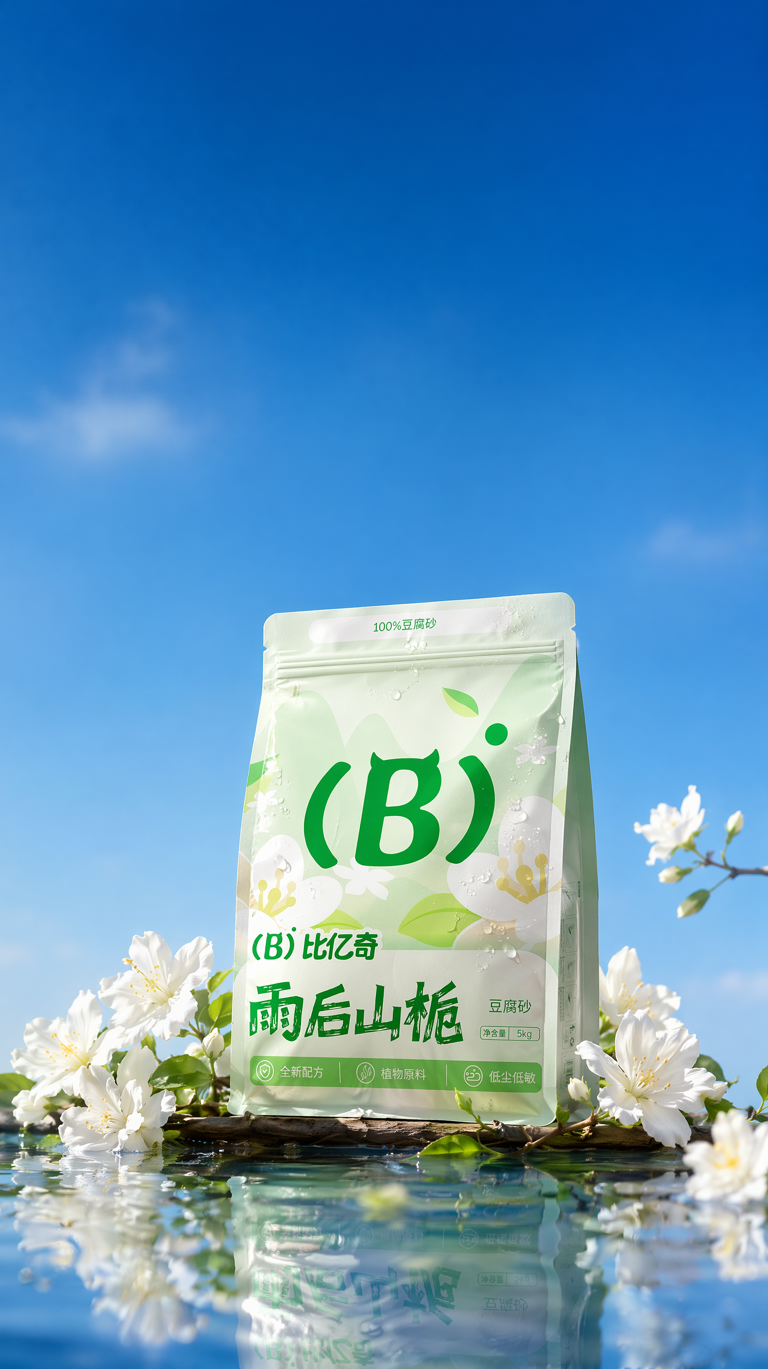 背景是干净的深蓝色天空,只有一点点淡淡的云,下面是干净的水面,水面横着一个长的栀子花树枝,包装放在树枝上,包装透视角度保持不变,包装不要太大,包装稍微变鼓一点点,包装上面加一点点水珠,水珠不要加太多,包装和树枝整体偏画面下位置,包装左右两边点缀很多小的白色栀子花,栀子花点缀很自然,摆放得不能太生硬,画面右边漏出一根细小的小白色栀子花的树枝,水面有真实倒影,画面通透明亮,光影真实,包装和背景天空对比明显,柔焦摄影,高清商业产品摄影。
