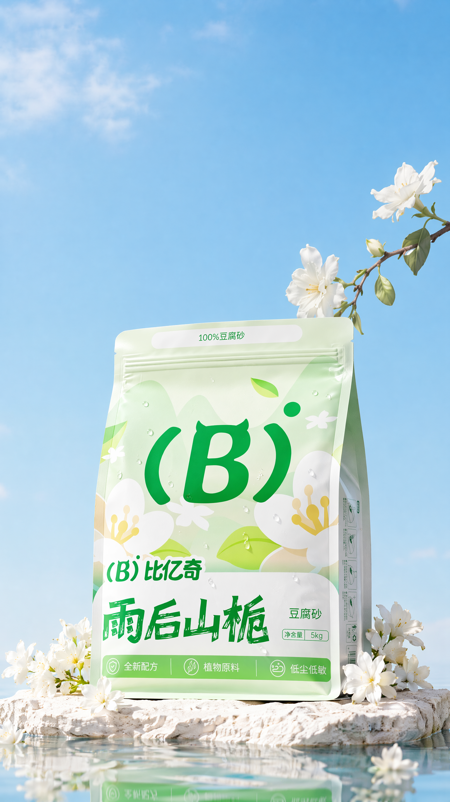 背景是干净的深蓝色天空,只有一点点淡淡的云,下面是干净的水面,水面横着一个不规则的白色石头,包装放在石头上,包装透视角度保持不变,包装不要太大,包装稍微变鼓一点点,包装上面加一点点水珠,水珠不要加太多,包装和石头整体偏画面下位置,包装左右两边点缀很多小的白色栀子花,栀子花点缀很自然,摆放得不能太生硬,包装右上角漏出一根细小的小白色栀子花的树枝参考图2,水面有真实倒影,画面通透明亮,光影真实,包装和背景天空对比明显,柔焦摄影,高清商业产品摄影。