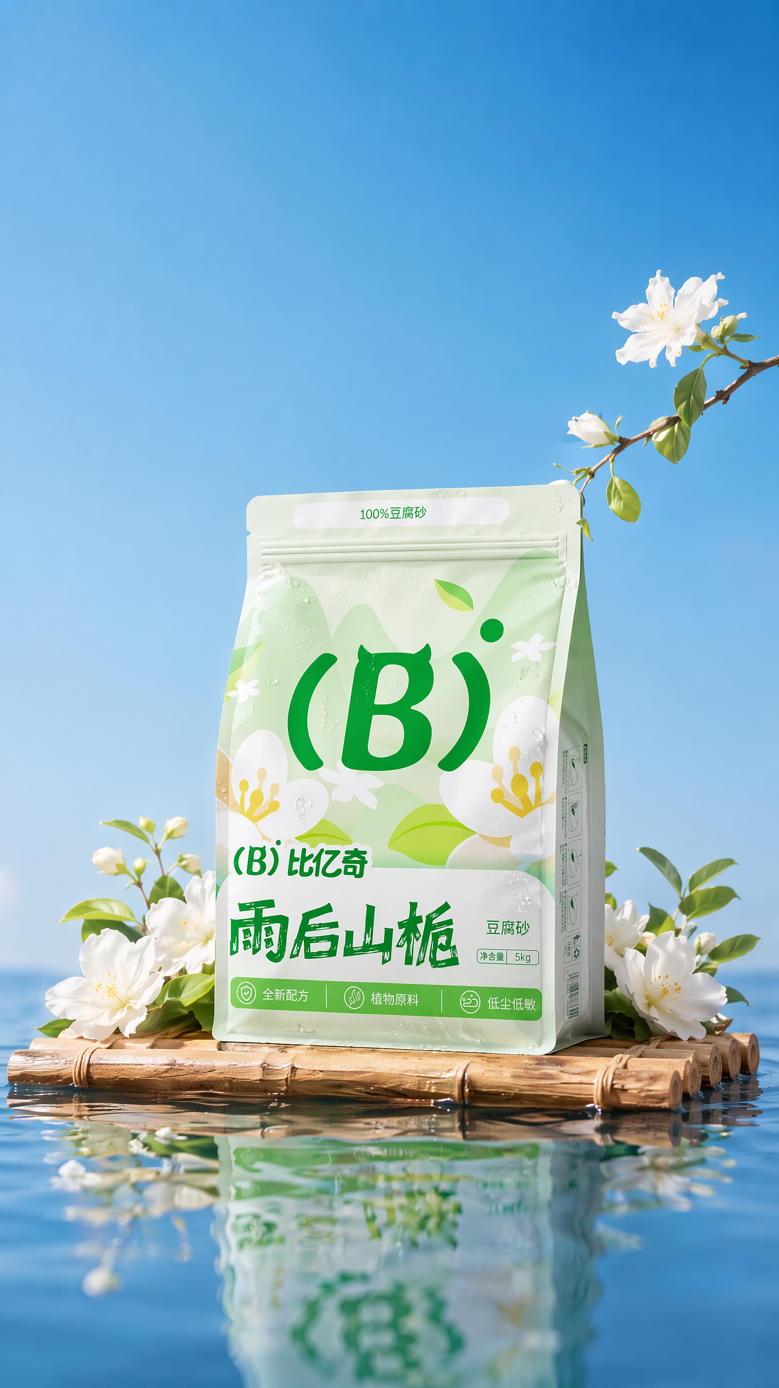 背景是深蓝色天空,下面是干净的水面,水面横着一个小竹筏,包装放在竹筏上,包装透视角度保持不变,包装上的图案和字迹清晰,包装不要太大,包装稍微变鼓一点点,包装上面加一点点水珠,水珠不要加太多,包装和竹筏整体靠近构图下面位置,包装后面左右两边点缀一些小的白色栀子花和叶子,栀子花点缀很自然,像自然生长,摆放得不能太生硬,栀子花和叶子轮廓清晰明了,包装右上角漏出一根细小的小白色栀子花的树枝参考图2,只漏一出一小半,水面有真实倒影,画面通透明亮,光影真实,包装和背景天空对比明显,柔焦摄影,高清商业产品摄影。