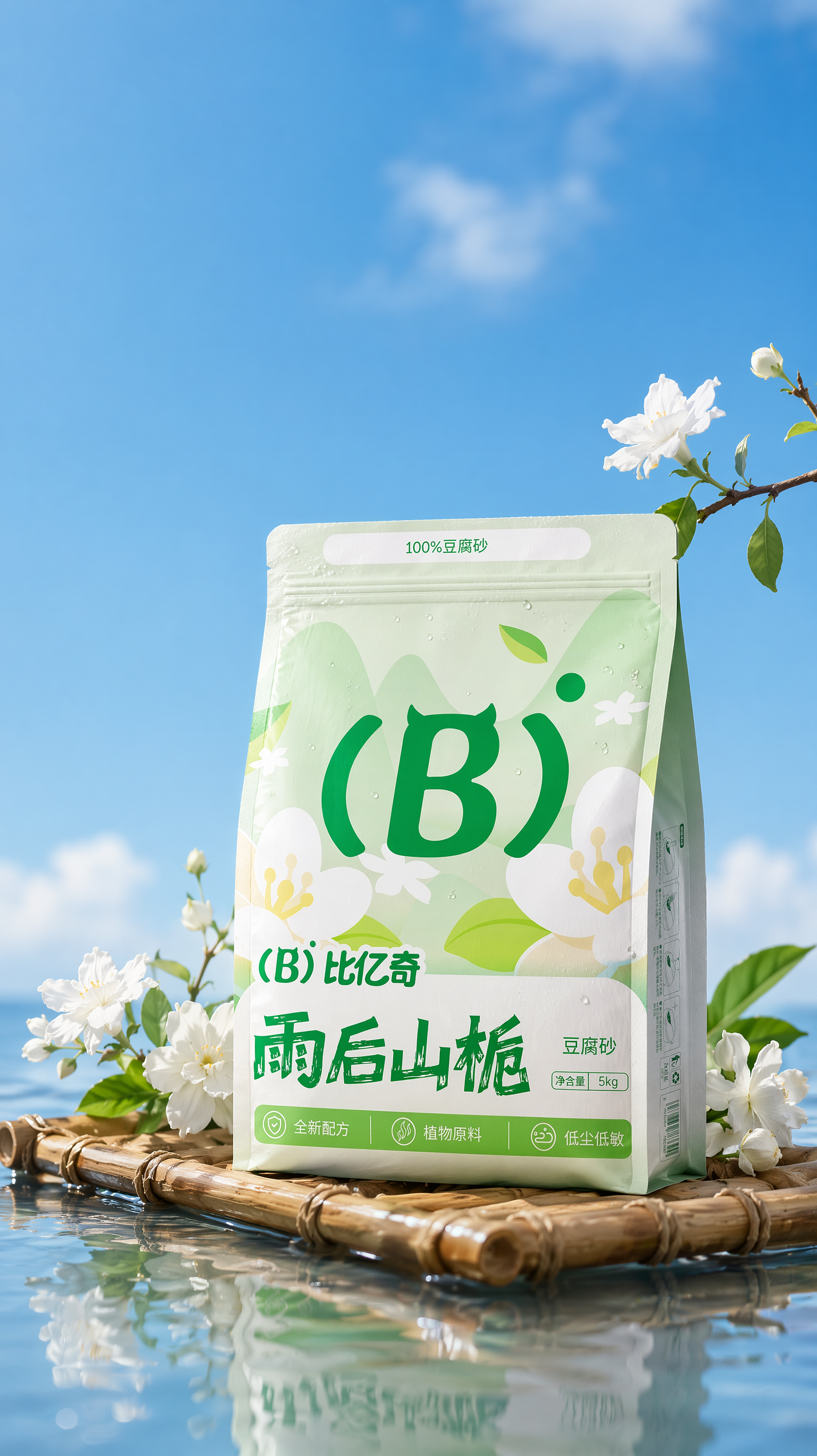 背景是深蓝色天空,下面是干净的水面,水面横着一个小竹排,包装放在竹筏上,包装透视角度保持不变,包装上的图案和字迹清晰,包装不要太大,包装稍微变鼓一点点,包装上面加一点点水珠,水珠不要加太多,包装和竹排整体靠近构图下面位置,包装后面左右两边点缀一些小的白色栀子花和叶子,栀子花点缀很自然,像自然生长,摆放得不能太生硬,栀子花和叶子轮廓清晰明了,包装右上角漏出一根细小的小白色栀子花的树枝参考图2,只漏一出一小半,画面通透明亮,光影真实,包装和背景天空对比明显,柔焦摄影,高清商业产品摄影。