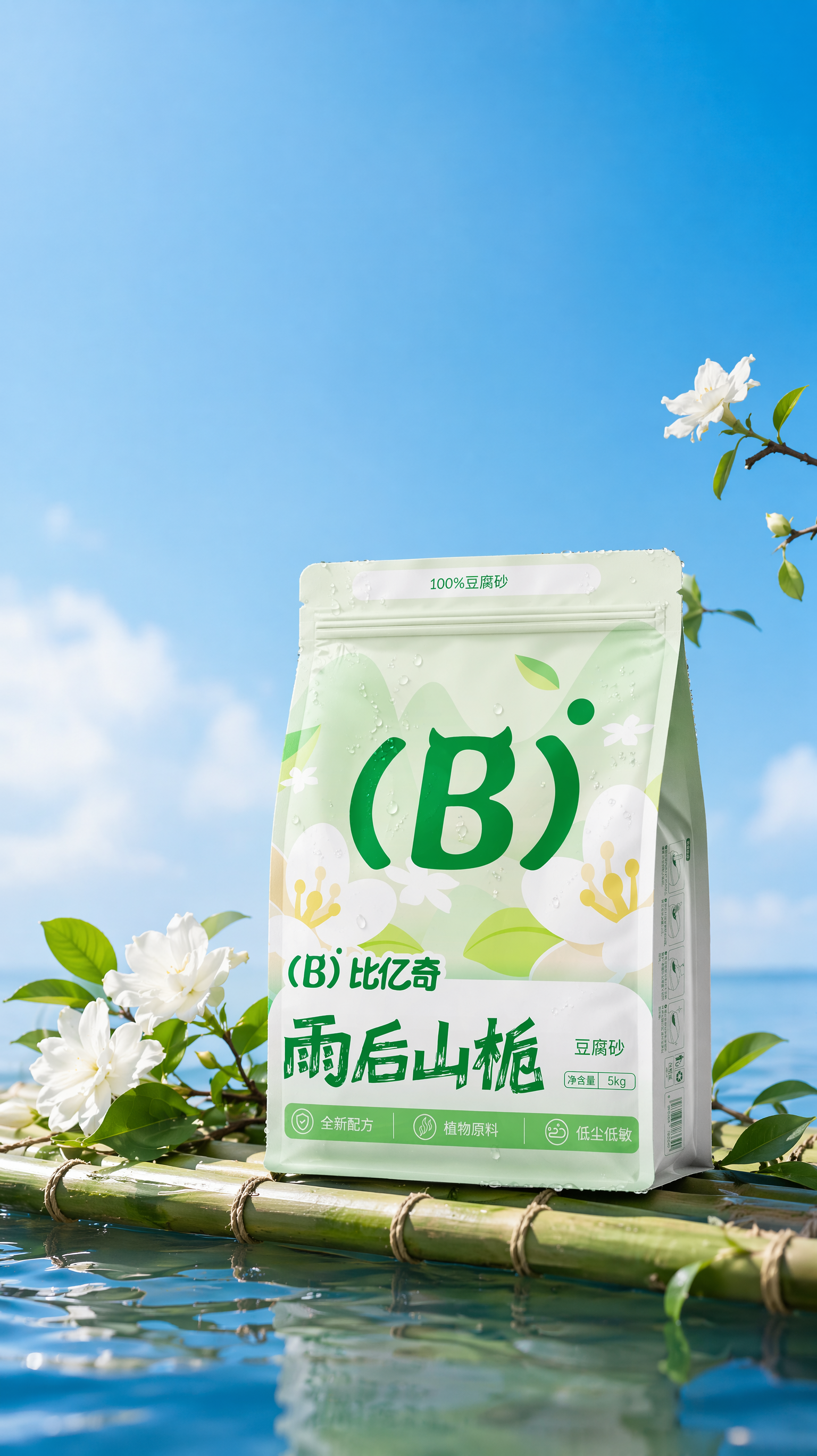 背景是深蓝色天空,下面是干净的水面,水面横着一个绿色竹筏,包装放在竹筏上,包装透视角度保持不变,包装上的图案和字迹清晰,包装不要太大,包装稍微变鼓一点点,包装上面加一点点水珠,水珠不要加太多,包装和竹筏整体靠近构图下面位置,包装后面左右两边点缀一些小的白色栀子花和叶子,栀子花点缀很自然,像自然生长,摆放得不能太生硬,栀子花和叶子轮廓清晰明了,包装右上角漏出一根细小的小白色栀子花的树枝参考图2,只漏一出一小半,画面通透明亮,光影真实,包装和背景天空对比明显,柔焦摄影,高清商业产品摄影。