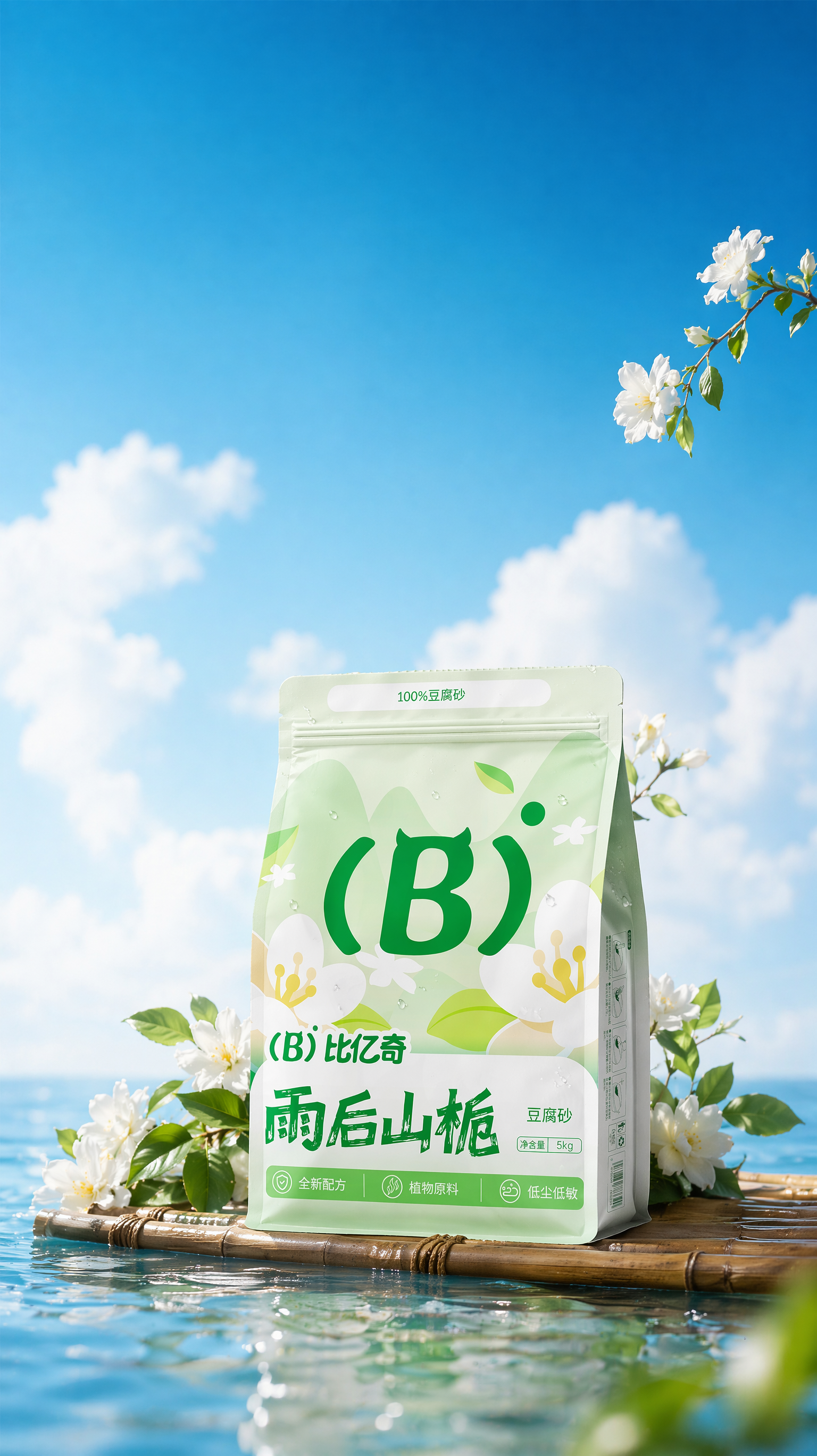 背景是深蓝色天空,颜色参考图3,下面是干净清澈的水面,水面横着一个光滑竹筏,包装放在竹筏上,包装透视角度保持不变,包装上的图案和字迹清晰,包装不要太大,包装稍微变鼓一点点,包装上面加一点点水珠,水珠不要加太多,包装和竹筏整体靠近构图下面位置,包装后面左右两边点缀一些小的白色栀子花和叶子,栀子花点缀很自然,像自然生长,摆放得不能太生硬,栀子花和叶子轮廓清晰明了,包装右上角漏出一根细小的小白色栀子花的树枝参考图2,只漏一出一小半,画面通透明亮,光影真实,包装和背景天空对比明显,柔焦摄影,高清商业产品摄影。