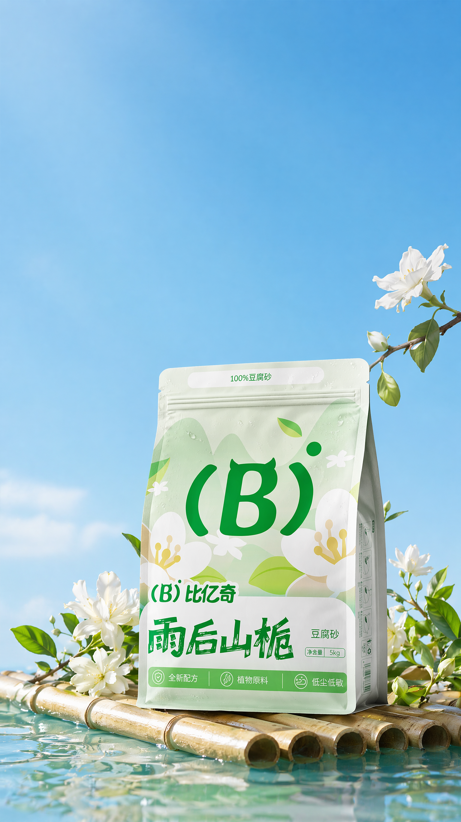 背景是深蓝色天空,颜色参考图3,不要那么多云!下面是干净清澈的水面,水面横着一个光滑竹筏,包装放在竹筏上,包装透视角度保持不变,包装上的图案和字迹清晰,包装不要太大,包装稍微变鼓一点点,包装上面加一点点水珠,水珠不要加太多,包装和竹筏整体靠近构图下面位置,包装后面左右两边点缀一些小的白色栀子花和叶子,栀子花点缀很自然,像自然生长,摆放得不能太生硬,栀子花和叶子轮廓清晰明了,包装右上角漏出一根细小的小白色栀子花的树枝参考图2,只漏一出一小半,画面通透明亮,阳光从左边洒落再包装上,光影真实,包装和背景天空对比明显,柔焦摄影,高清商业产品摄影。