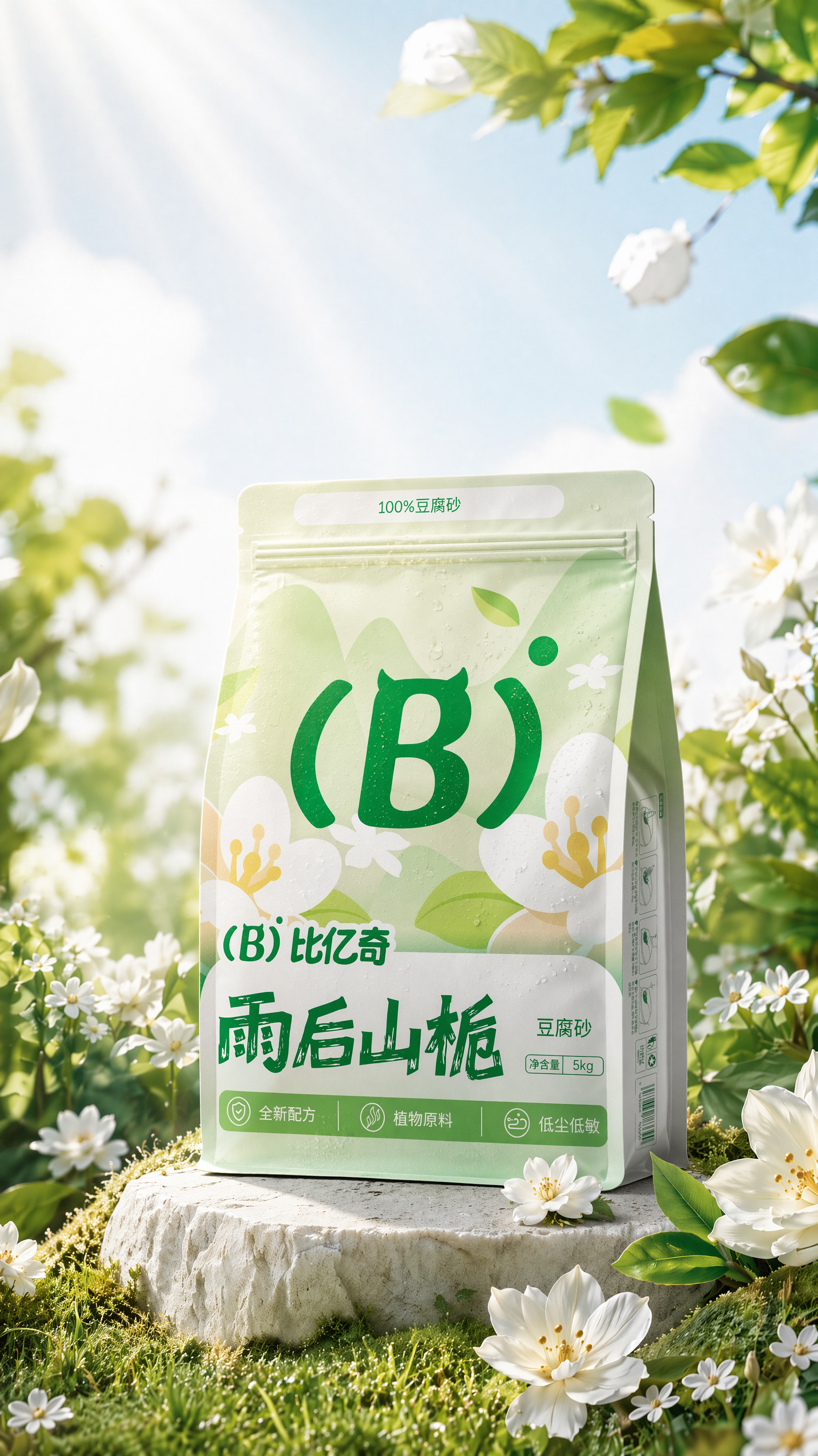 把图2的包装放到图1红色框里,包装上的文字和图案要清晰,包装变鼓一点点,包装表面加一点点露水,不要加多了,把图1蓝色框中苔藓变成一朵小的栀子花,把图1左边的猫去除掉,加点阳光从左上角照下来,打在包装上,光影柔和真实对比强烈。把黄色边框里东西变成草地,其余不变。