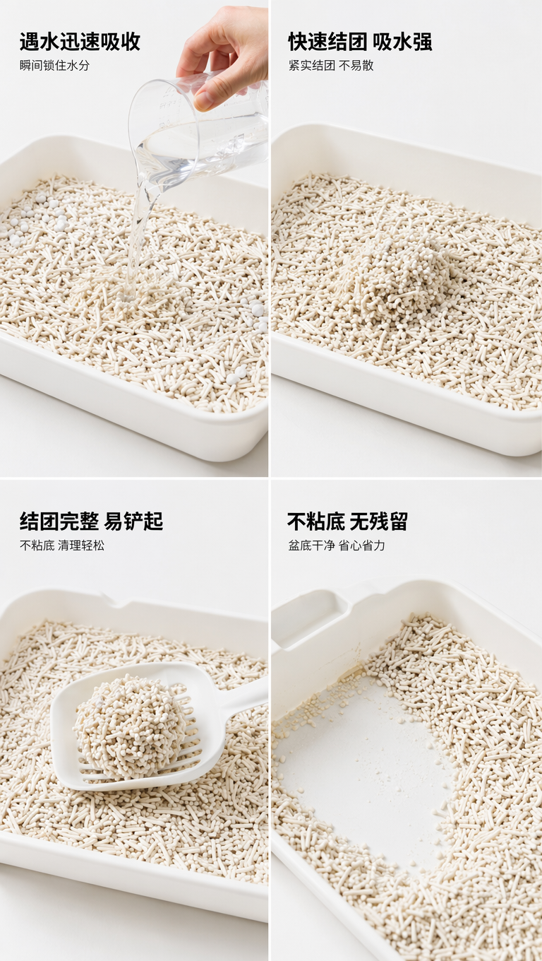 俯视斜 45° 拍摄,ins 风电商猫砂卖点展示图。主体为奶白色条状猫砂与白色颗粒,一只手将透明量杯中的水倒入猫砂中,模拟猫砂吸水场景。背景为白色纯色平面,整体色调干净明亮,自然光柔和均匀,画面清晰写实,突出猫砂吸水、不粘底的卖点,无多余杂物。生成4张,比例 「9:16」