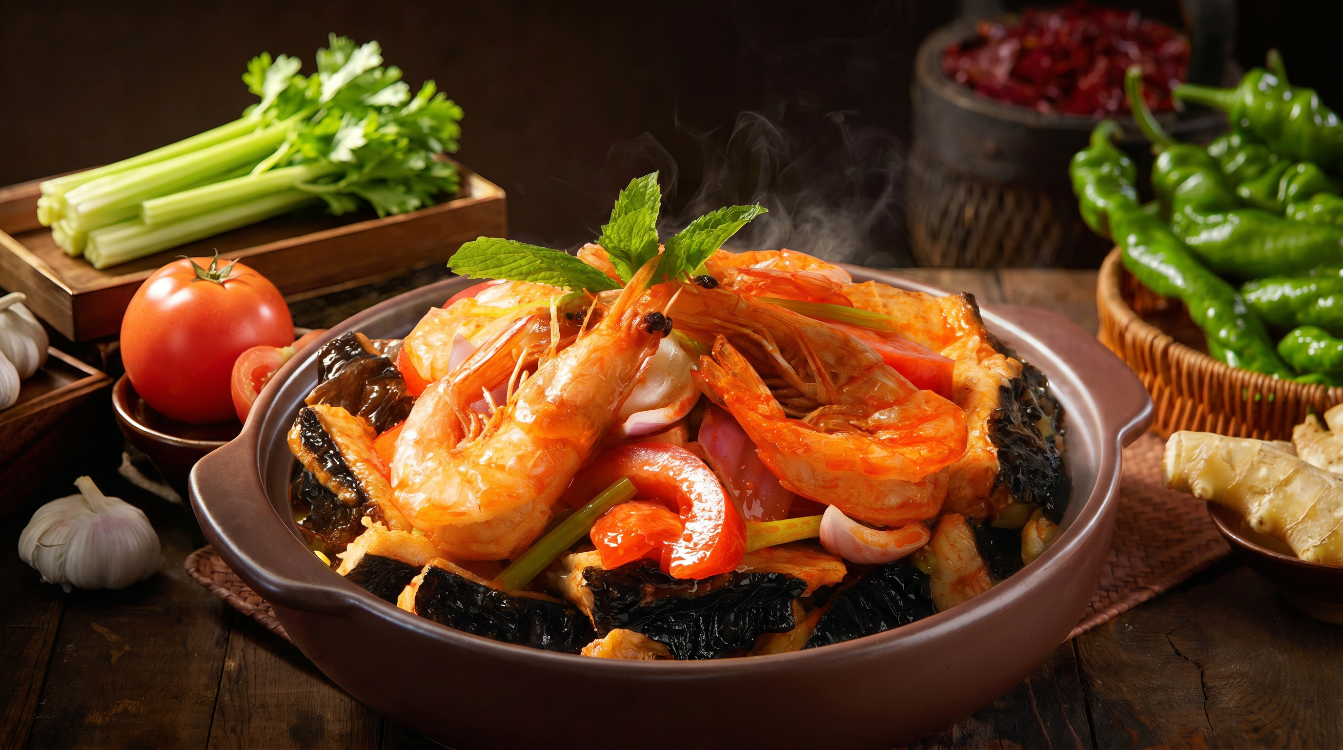 把图2的料头,替换在图1的料头上,光线自然,透视正确,严格按照图2的料头的菜品造型,严格按照图1的番茄料头的面积大小,不要把料头撑满整个锅,料头和烤鱼块融合自然,光线透视统一,生成一张,第一张的背景和碗不变,菜品符合商业餐饮摄影