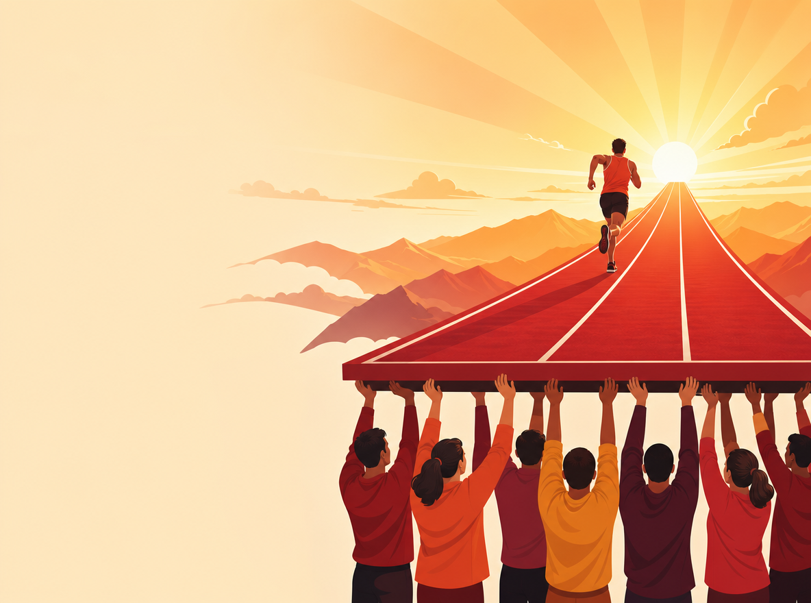 Horizontal illustration, 16:9 aspect ratio. Main color palette: passionate reds, orange, and gold. In the lower part of the image, a group of team members stand closely together, using their hands to lift and support a wide red running track/platform that extends forward into the distance. On top of this platform, a single runner is sprinting dynamically towards the horizon. Far in the background, a bright rising sun casts warm golden rays across the sky. The mood is inspirational and uplifting, teamwork is shown as “providing the stage”. Flat vector illustration with soft lighting, clean lines, no direct lifting of the human body — only lifting the platform. Negative space on the left or bottom for text. --ar 16:9