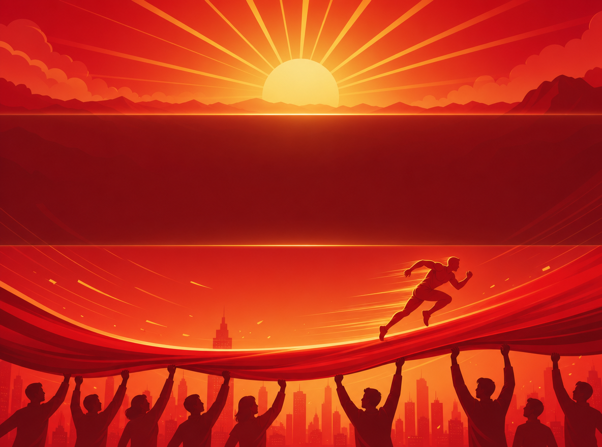 Horizontal illustration, 16:9. Red color scheme. Bottom: team members lifting a wide red silk ribbon, a runner sprinting on it. Top: rising sun with golden rays. In the **center of the image, a horizontal semi-transparent dark red panel or soft glow** (rectangular or band) provides a background for golden-yellow text. No figures, no ribbon, no sun inside this area. Flat vector, warm tones. --ar 16:9
