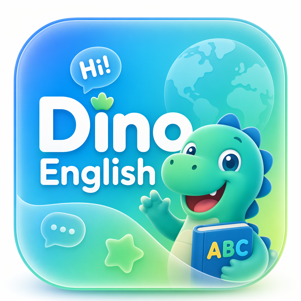设计一个Dino English,APP icon启动图标。应用于K12,教育,文案Dino English,要求国际教育,卡通,蓝色绿色渐变,有一点毛玻璃质感,整体有设计,设计专家设计的品质