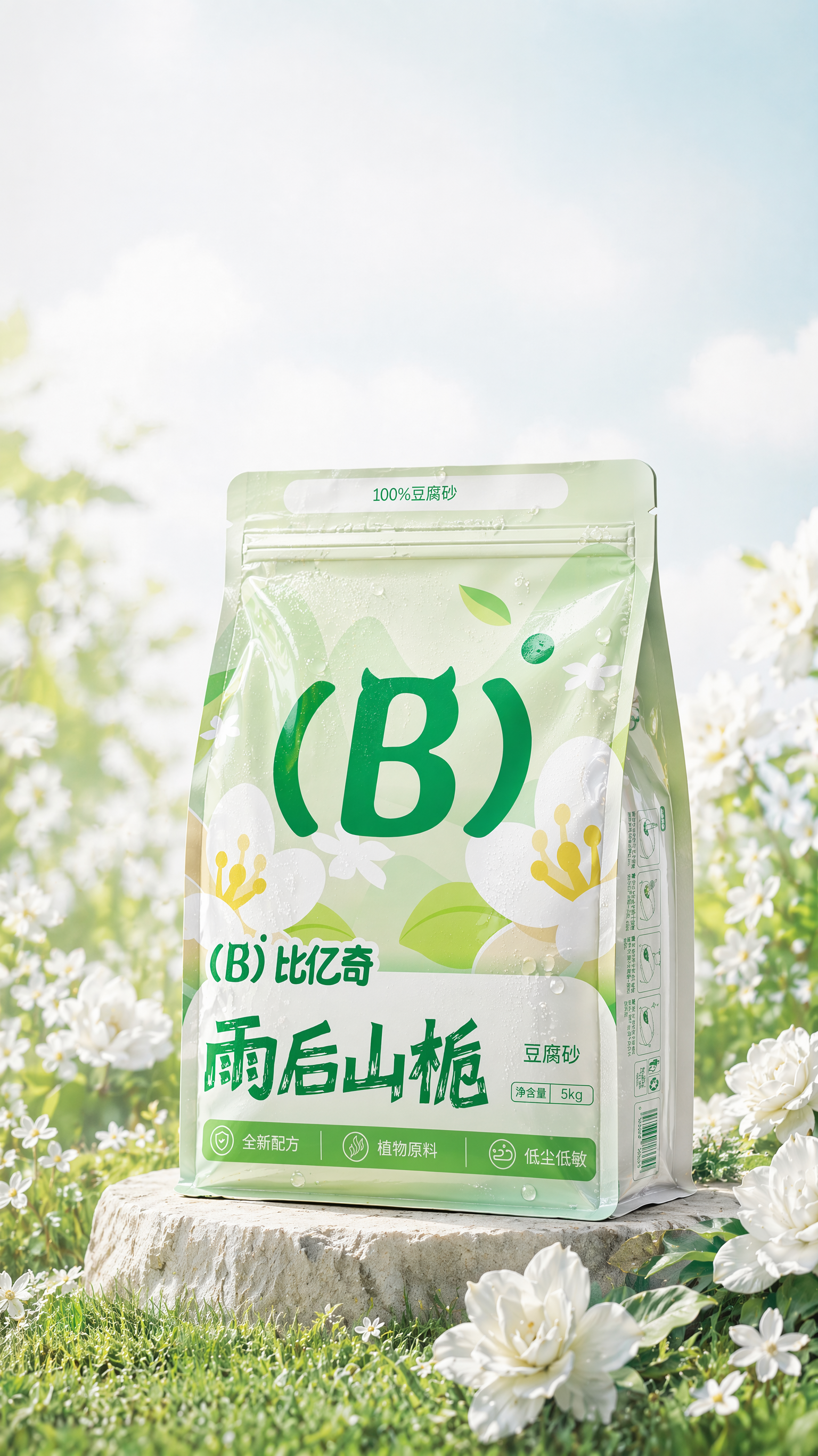 把图1左下角的猫和去掉,把图1右上角的植物去掉,把蓝色框内的苔藓变成白色的栀子花,把黄色框的东西变成草地,把图2的包装放到图1红色方框内,把包装变鼓一点,饱满一点,局部加一点亮膜UV工艺,质感更强,包装表面加一点点露水,不要加太多,包装表面图案和字体清晰可见,整体小清新风格,柔焦摄影,干净清爽通透,电影级大片写实摄影。