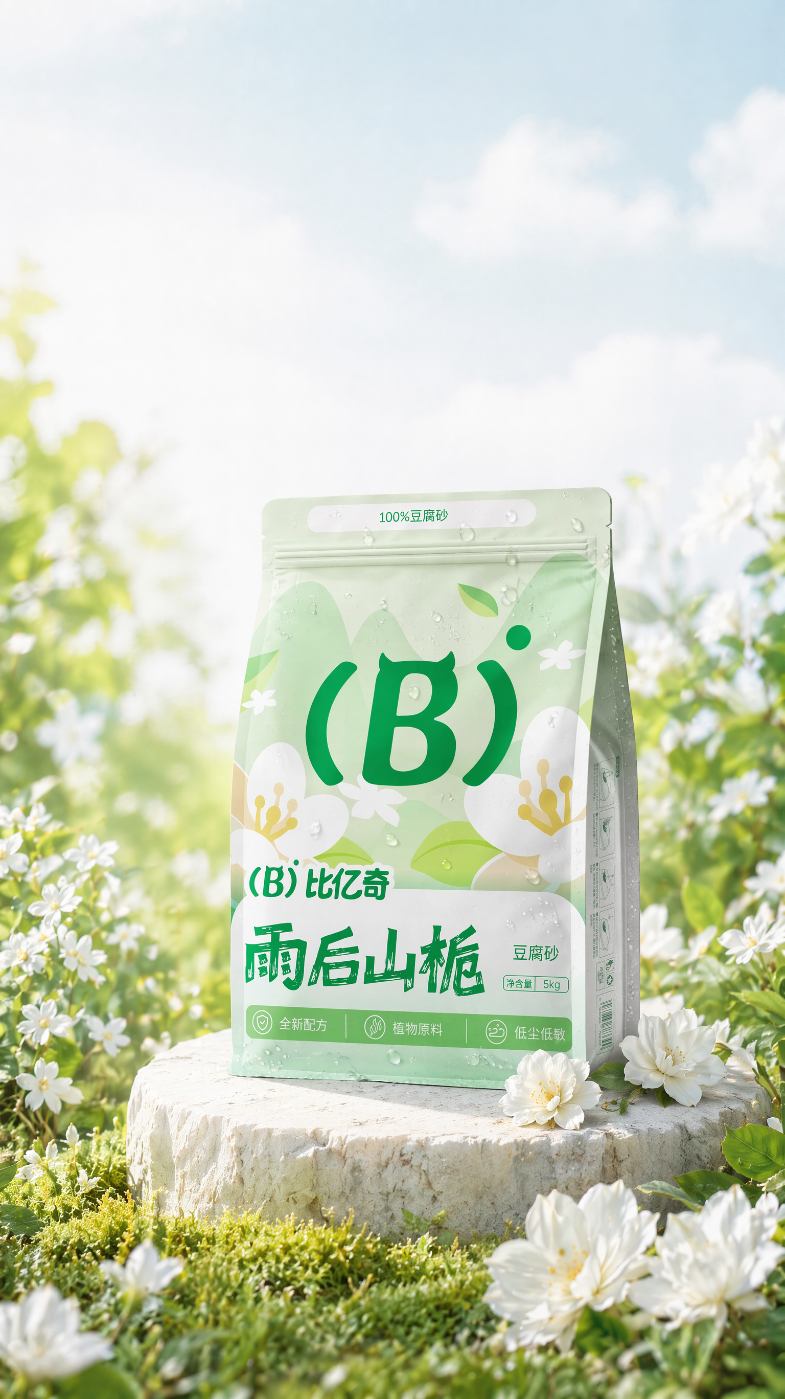 把图1左下角的猫和去掉,把图1右上角的植物去掉,把蓝色框内的苔藓变成白色的栀子花,把黄色框的东西变成草地,把图2的包装放到图1红色方框内,包装表面加一点点露水,不要加太多,包装表面图案和字体清晰可见,整体小清新风格,柔焦摄影,干净清爽通透,电影级大片写实摄影。