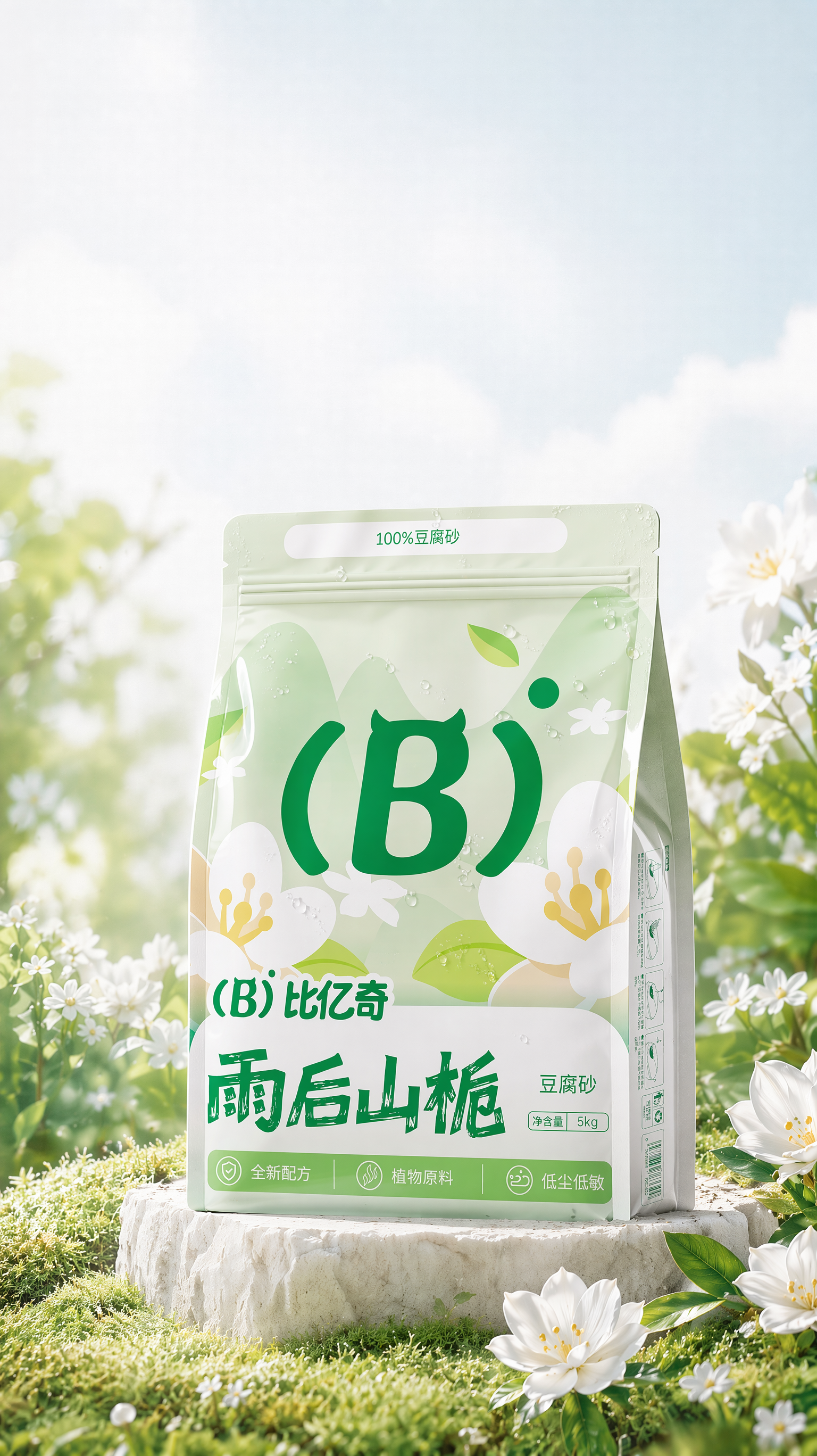 把图1左下角的猫和去掉,把图1右上角的植物去掉,把蓝色框内的苔藓变成白色的栀子花并在包装前面,把黄色框的东西变成草地,把图2的包装放到图1红色方框内,把包装变鼓一点,饱满一点,局部加一点亮膜UV工艺,质感更强,包装表面加一点点露水,露水不要加太多,包装表面图案和字体清晰可见,整体小清新风格,柔焦摄影,干净清爽通透,电影级大片写实摄影。