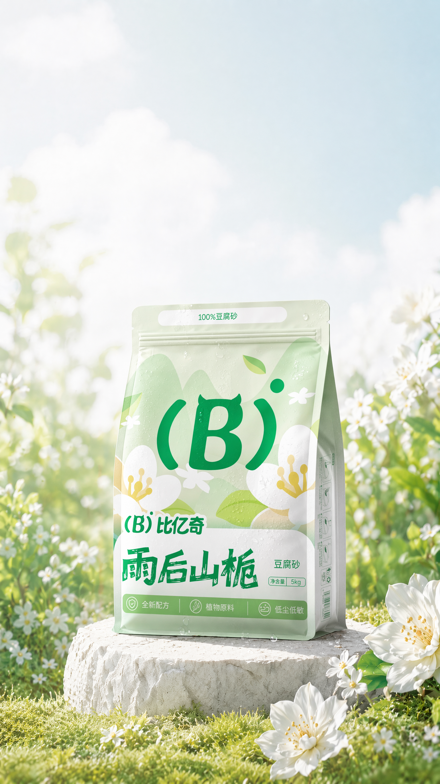把图1左下角的猫和去掉,把图1右上角的植物去掉,把蓝色椭圆形框内的苔藓变成白色的花,把黄色框的东西变成草地,把图2的包装放到图1红色方框内,把包装变鼓一点,饱满一点,局部加一点亮膜UV工艺,质感更强,包装表面加一点点露水,露水不要加太多,包装表面图案和字体清晰可见,整体小清新风格,柔焦摄影,干净清爽通透,电影级大片写实摄影。