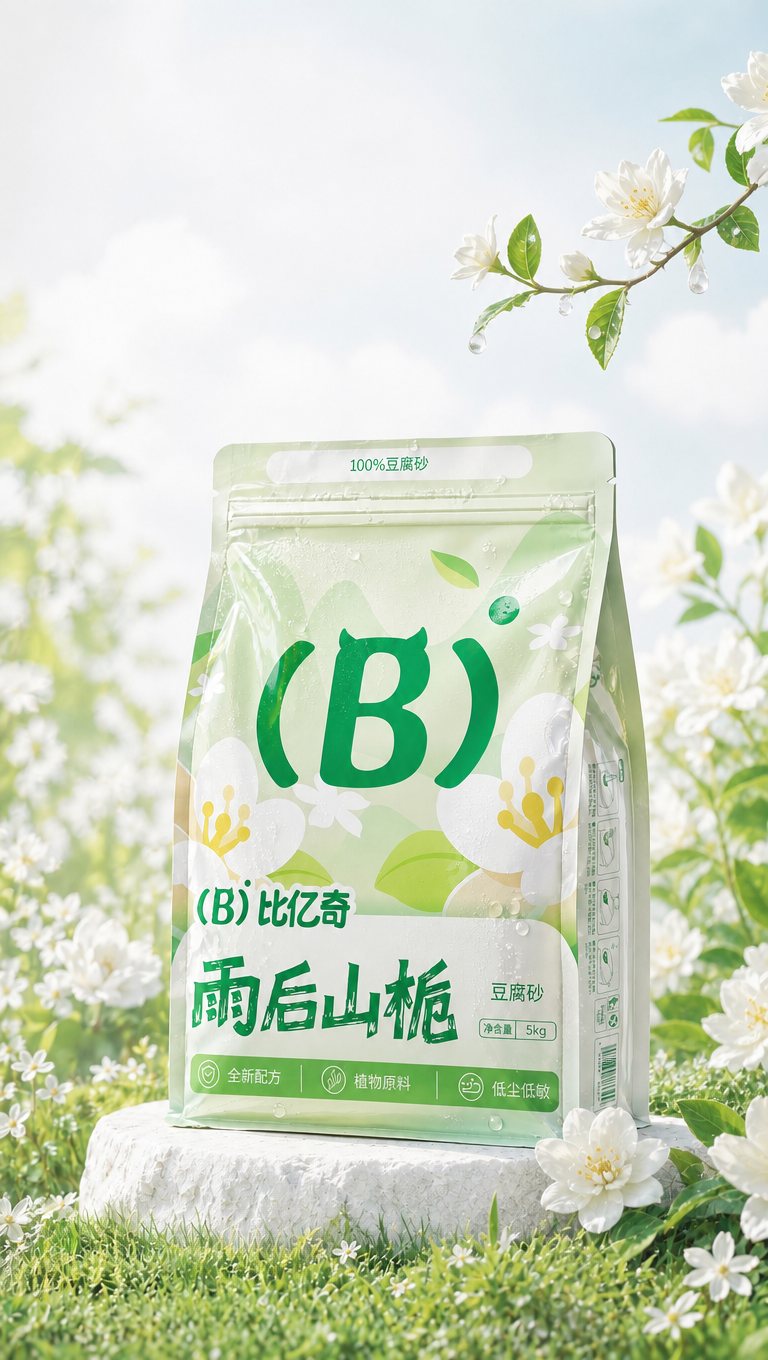 把包装右上角的线稿草图渲染成一根从画面外伸出来的栀子花树枝,并且树枝不要太大太长,简化枝叶。树枝上长了几朵小的白色栀子花,清新明亮,花上上面有露水滴落,包装右下椭圆形红色框内变成一朵白色的花,包装右边后面的虚景里的花叶变成图2的花草样式,包装底下的石头变成白色石头,其余不变