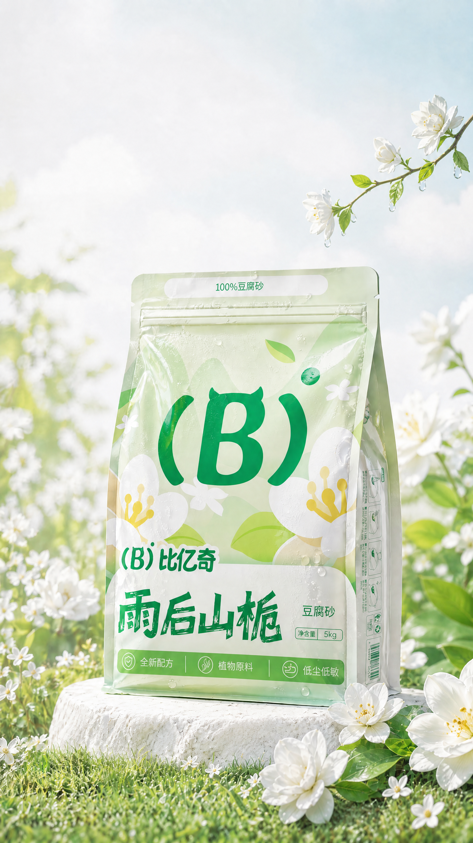 把包装右上角的线稿草图渲染成一根从画面外伸出来的栀子花树枝,并且树枝和花朵不要太大太长,跟我的线稿长度大小基本保持一致,简化枝叶。树枝上长了几朵小的白色栀子花,清新明亮,花上上面有露水滴落,包装右下椭圆形红色框内变成一朵白色的花,包装右边后面的虚景里的花叶变成图2的花草样式,包装底下的石头变成白色石头,其余不变