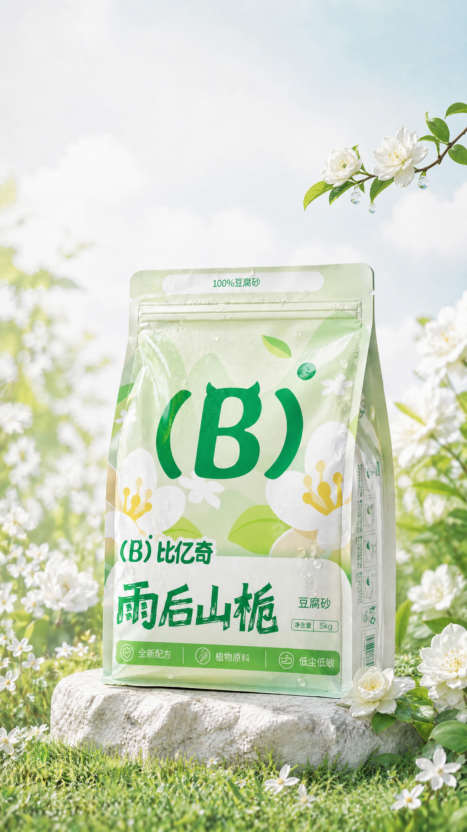 把包装右上角的线稿草图渲染成一根从画面外伸出来的栀子花树枝,并且树枝不要太长,话多不要太大!跟我的线稿长度大小差不多,简化枝叶。树枝上长了几朵小的白色栀子花,清新明亮,花上上面有2颗露水滴落,包装右下椭圆形红色框内变成一朵白色的花,包装右边后面的虚景里的花叶变成图2的花草样式,包装底下的石头变成白色石头,石头形状真实点,其余不变