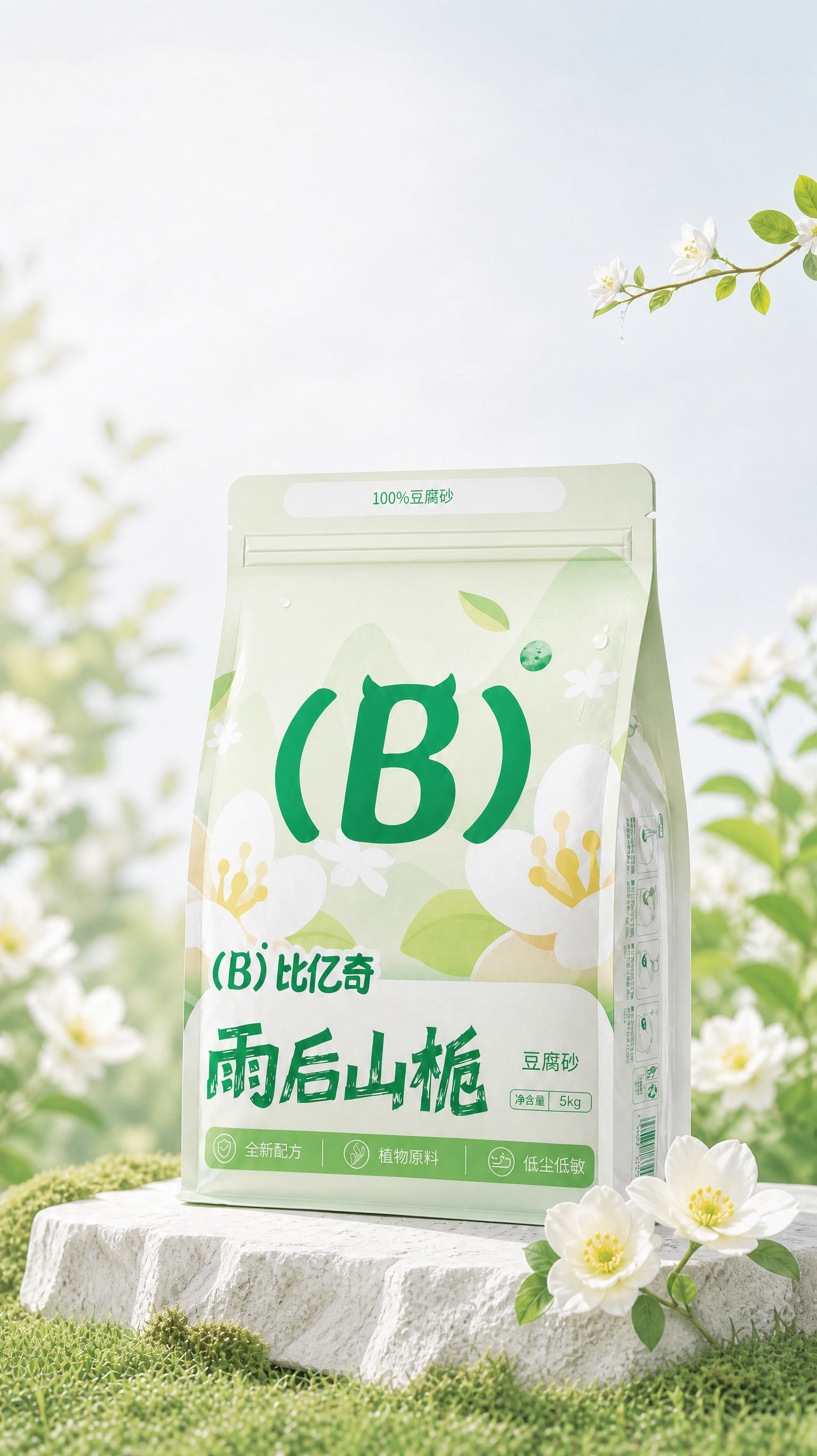 左边红色圈内植物和花处理简化一点,参考图2,与中间包装拉开色差距离,避免溶在一起。包装左上角蓝色圈内褶皱效果去除掉,包装上的水滴减少一点,包装保留部分质感效果的同时干净清爽一点,包装环境光影响小一点。包装右下角2朵花样子变成图4里花的样子。包装下面的石头参考图5,其余不变。