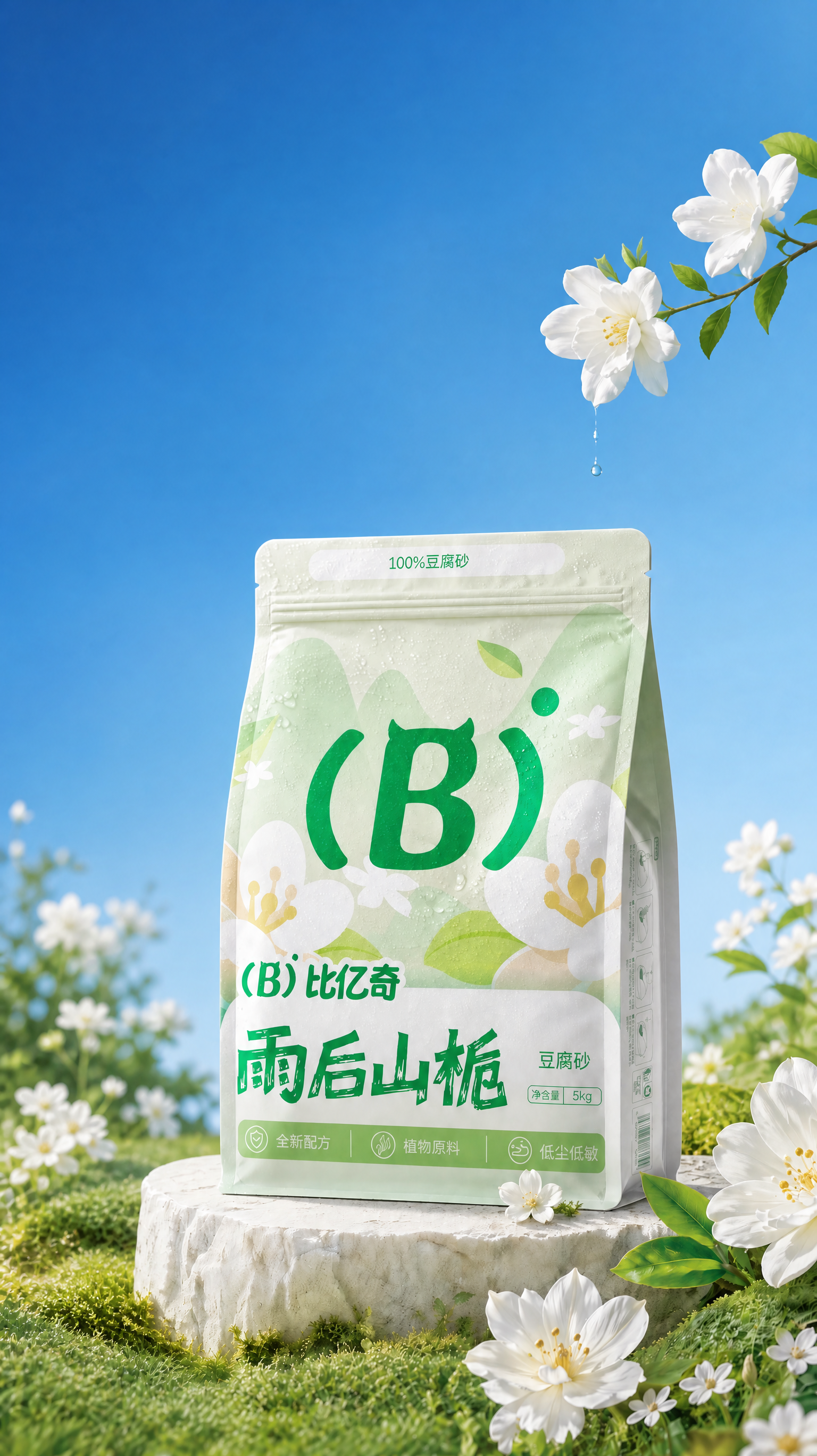 把图1红色框内的花和植物简化一点矮一点,并且色彩上拉开与中间包装的对比,不能混合在一起。天空颜色变成图2类似的。包装右上角黄色框内加一支3伸出来的白色栀子花,栀子花朵上面有一滴露水滴落,树枝不要太大,细小一点。其余画面不变